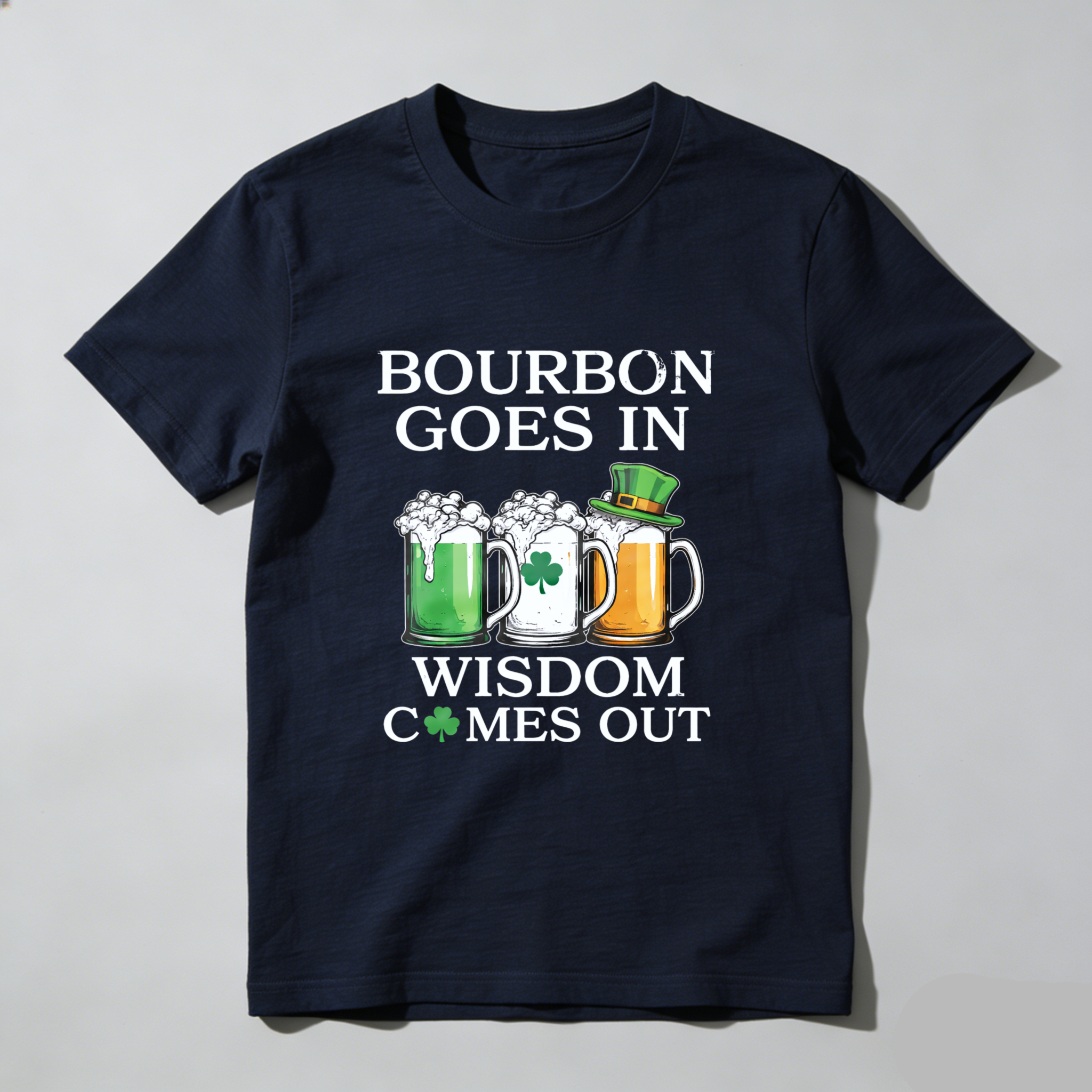 TEECURENT Bourbon Goes In Wisdom Comes Out St Patrick's Day Beer Shirt With Shamrock And Mug Design For Men Women Unisex T-Shirt