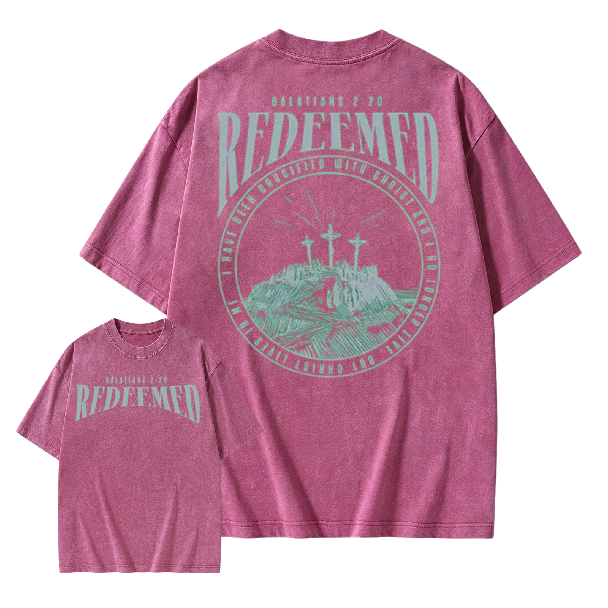 Washed Short Sleeved Double-Sided Printed T-Shirt, 100% Pure Cotton, Printed With "Redemption Christianity". Retro Hip-Hop Style
