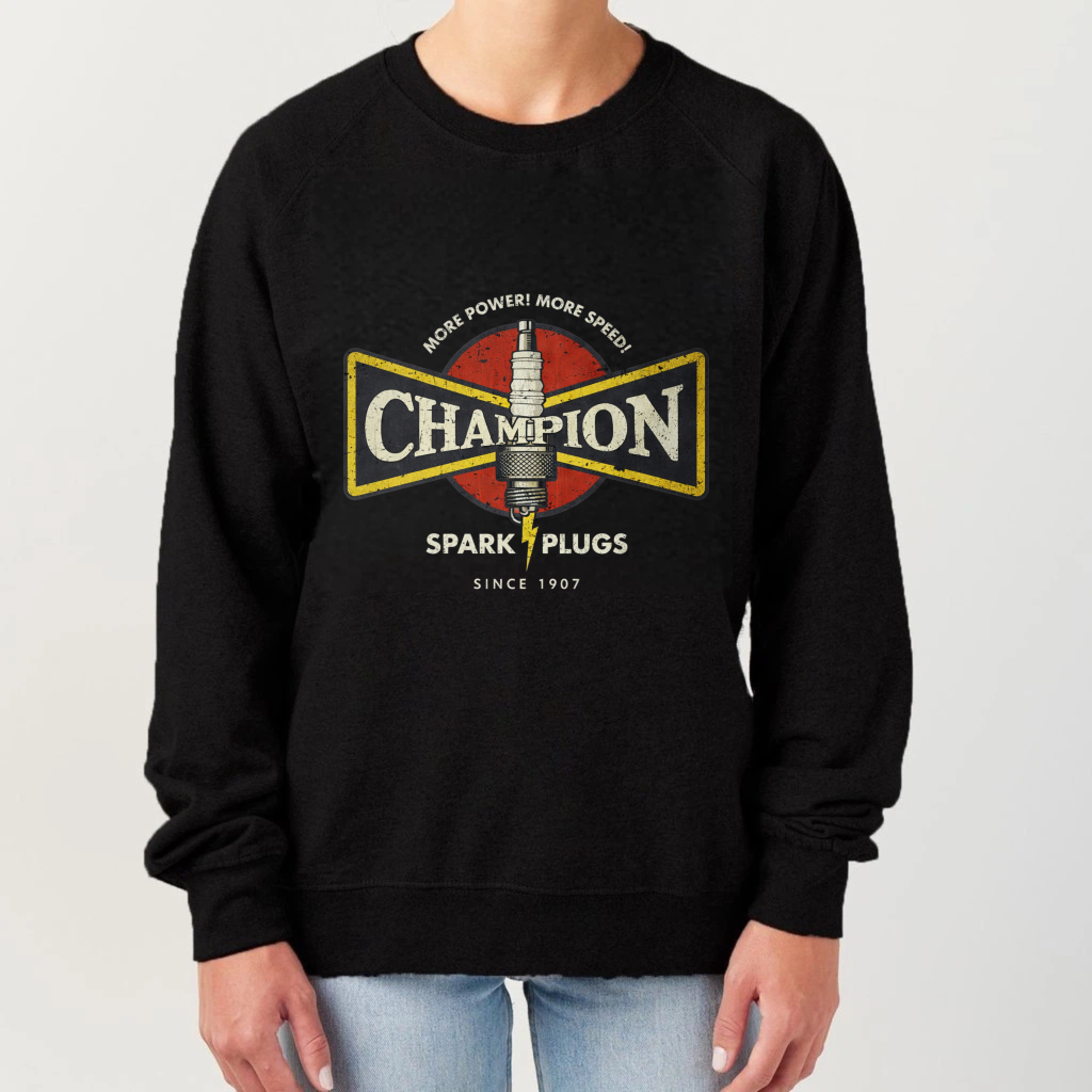 TEECURENT Champion Spark Plugs Sweatshirt Black Vintage Automotive Logo Crewneck Pullover Sweatshirt For Men Women Unisex Streetwear Casual Top