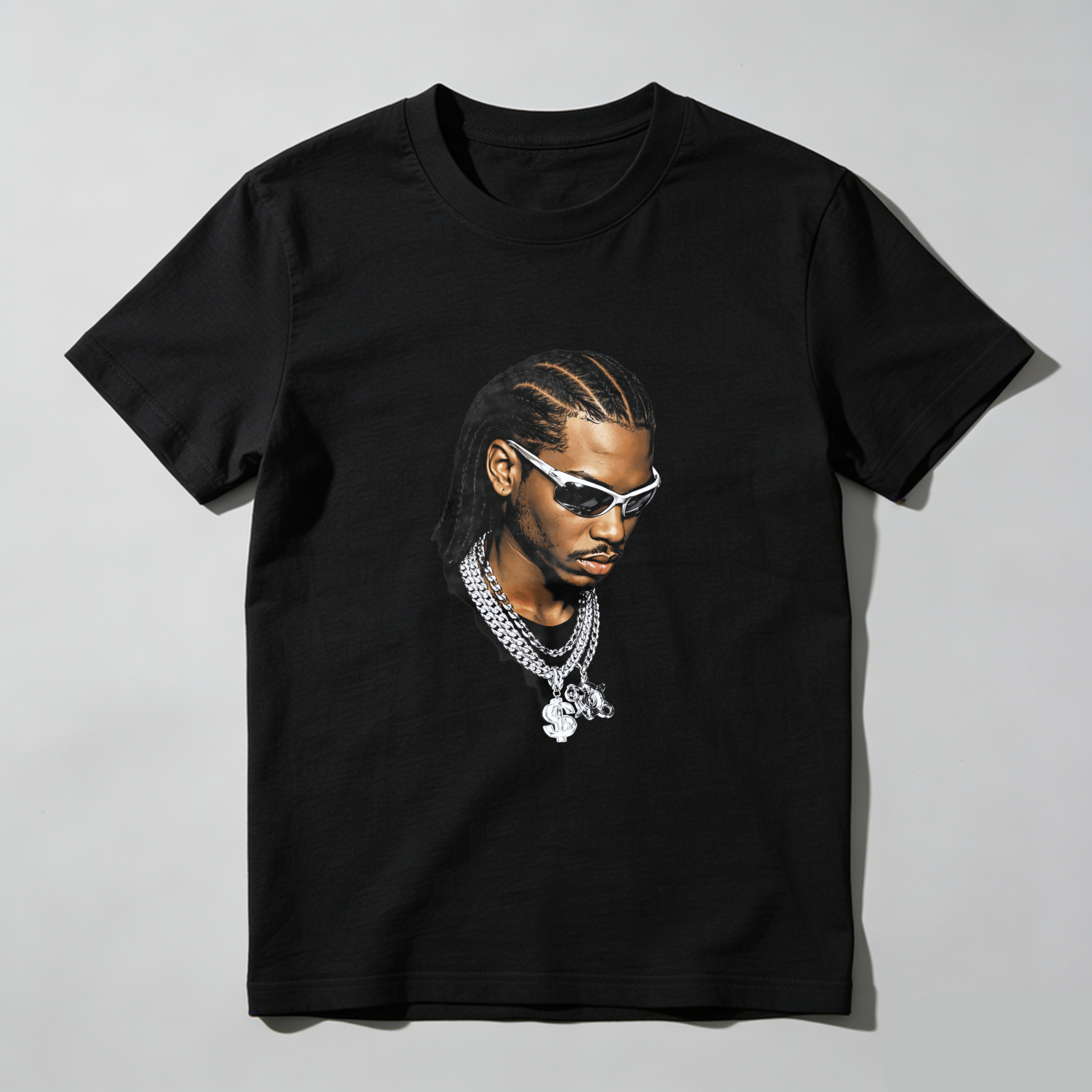 TEECURENT T Shirt Black With Portrait Of Man Wearing Sunglasses And Chain Necklace Streetwear Style Graphic Design