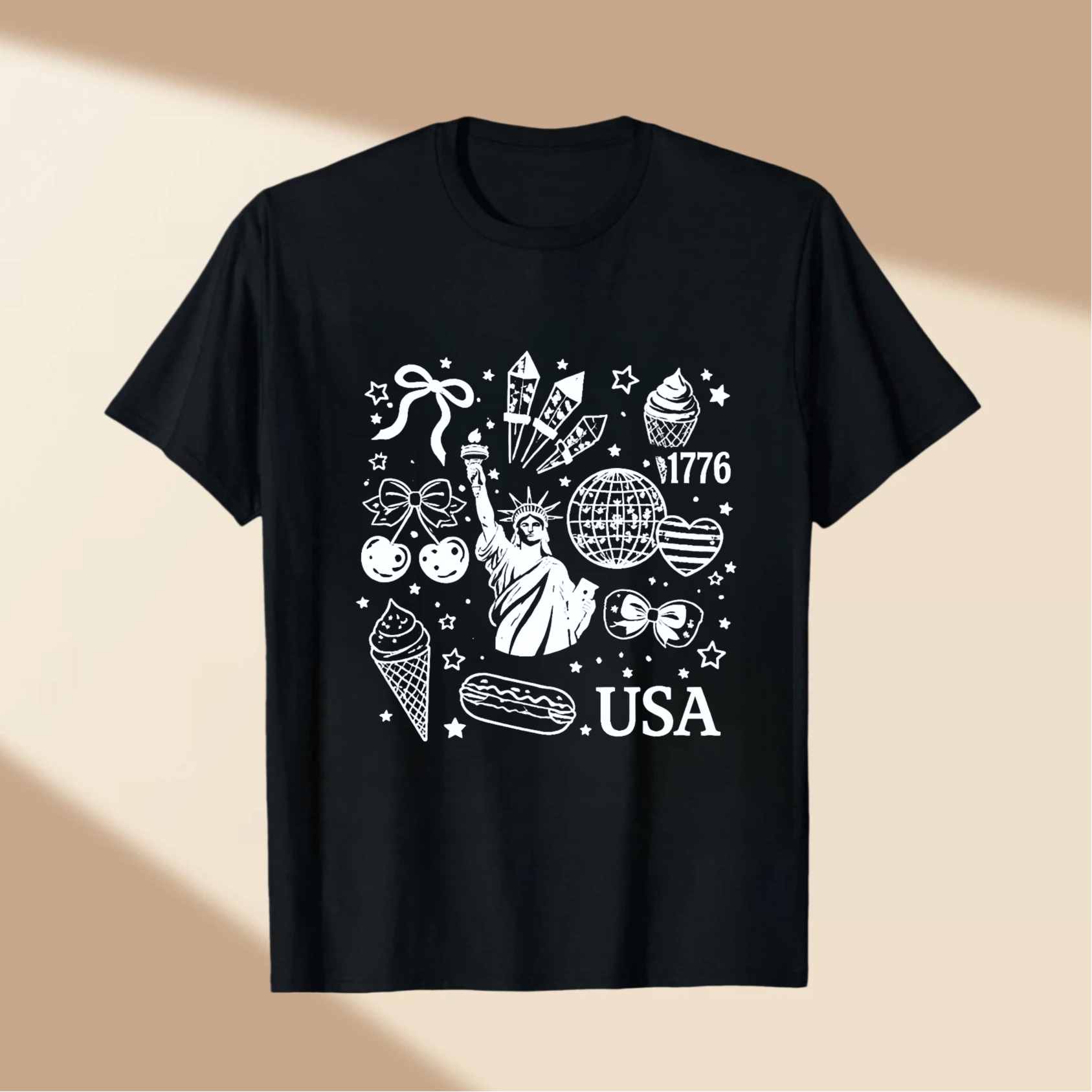 TEECURENT American Independence Day Celebration T Shirt Usa 1776 Statue Of Liberty Fireworks Ice Cream Hot Dog Stars And Stripes Patriotic Design WOMEN