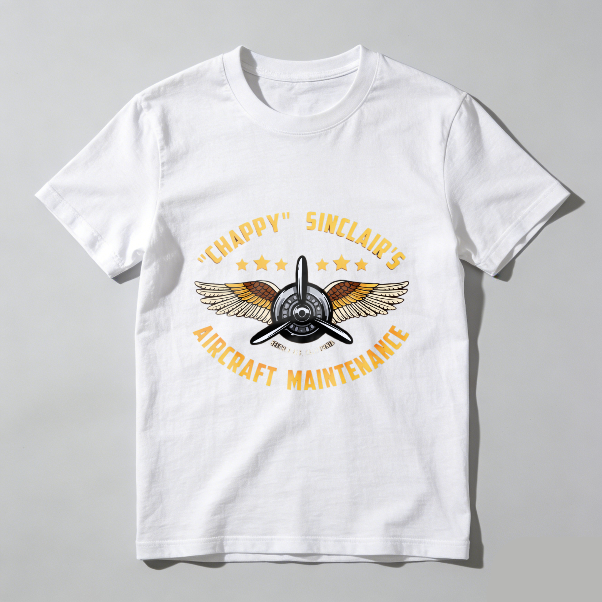 Chappy Sinclairs Aircraft Maintenance T Shirt Black Vintage Aviator Design With Wings And Propeller Logo For Aviation Enthusiasts