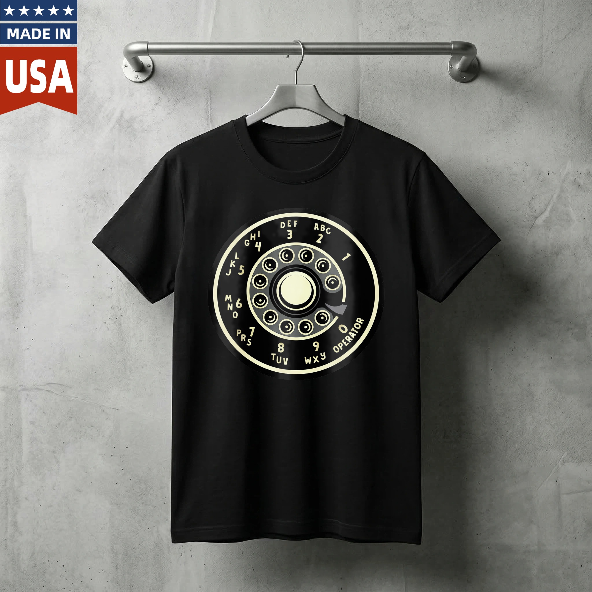 Vintage Rotary Dial Phone T-Shirt Made In Usa Retro Telephone Design Black Cotton Shirt Unisex Classic Style Gift For Tech Enthusiasts
