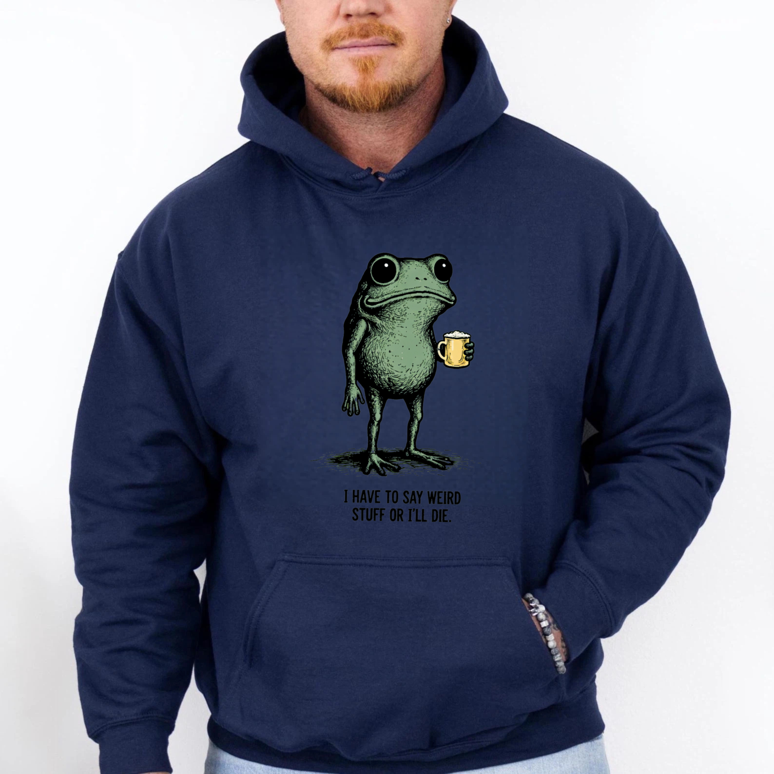 TEECURENT Gildan Frog Holding Beer Hoodie I Have To Say Weird Stuff Or Ill Die Funny Animal Sweatshirt Unisex Casual Wear
