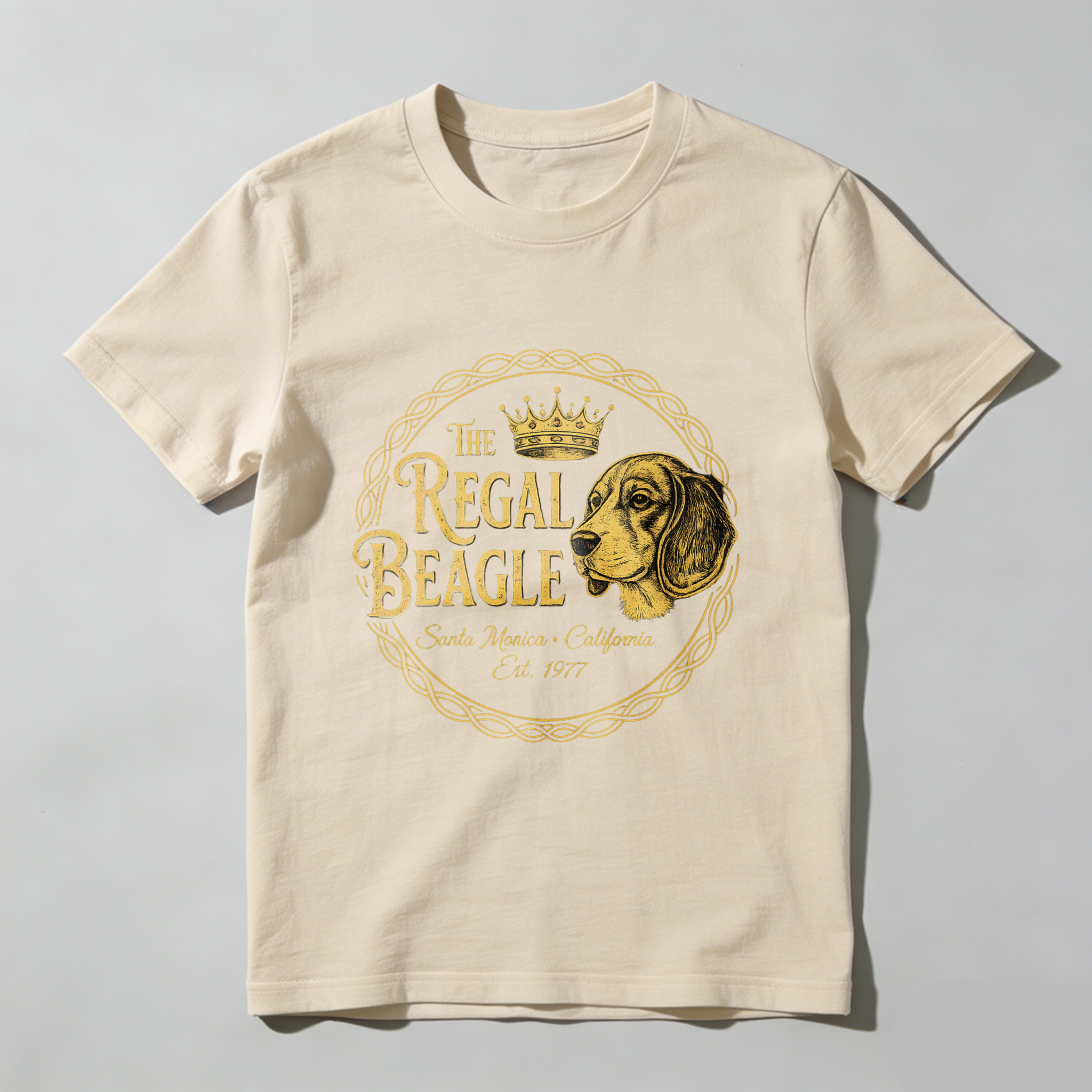 TEECURENT The Regal Beagle Dog T-Shirt Santa Monica California Established 1977 Vintage Canine Graphic Tee Black Gold Design