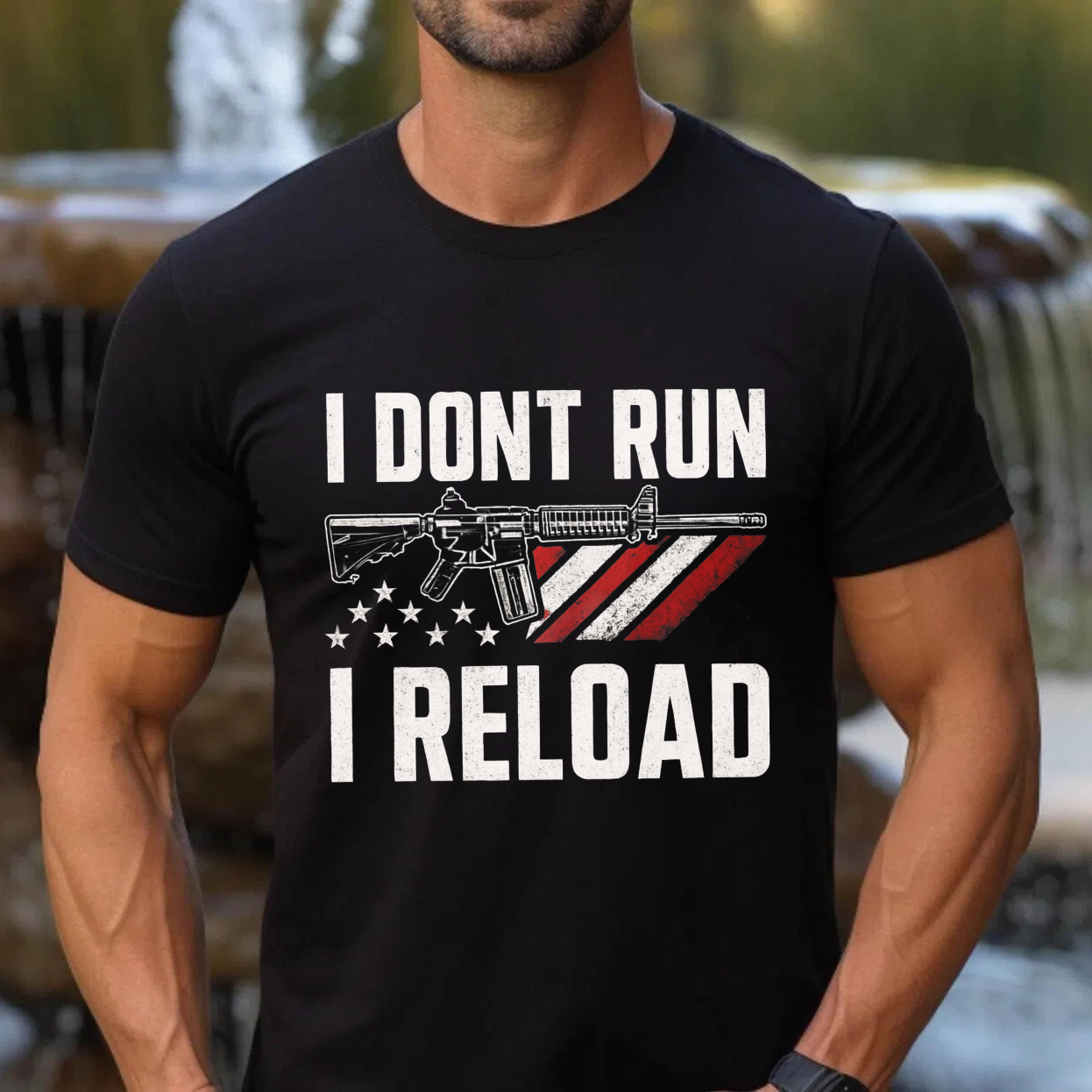I Dont Run I Reload T Shirt With American Flag And Rifle Graphic Made In Usa
