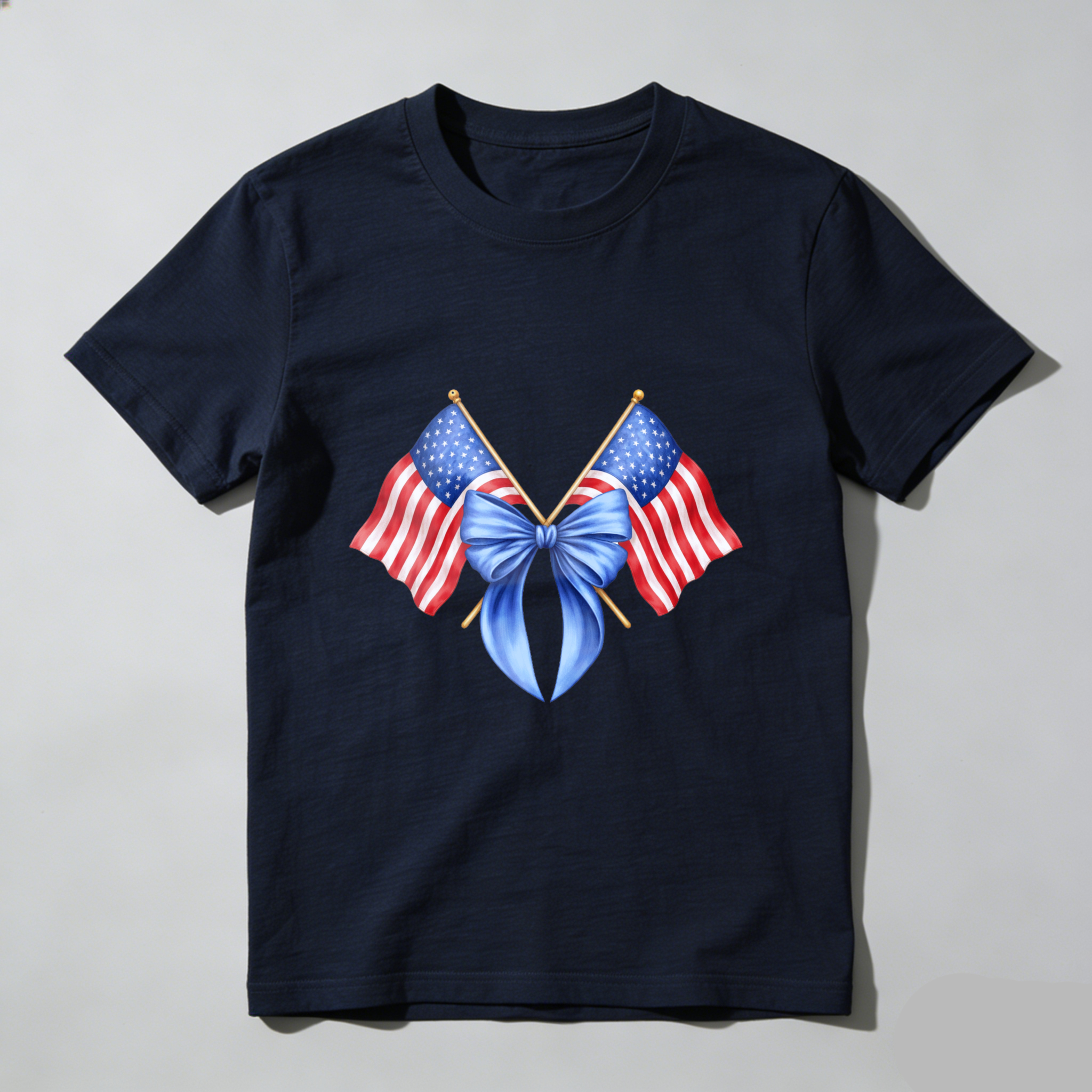 TEECURENT American Flag Crossed With Blue Bow Patriotic T Shirt WOMEN