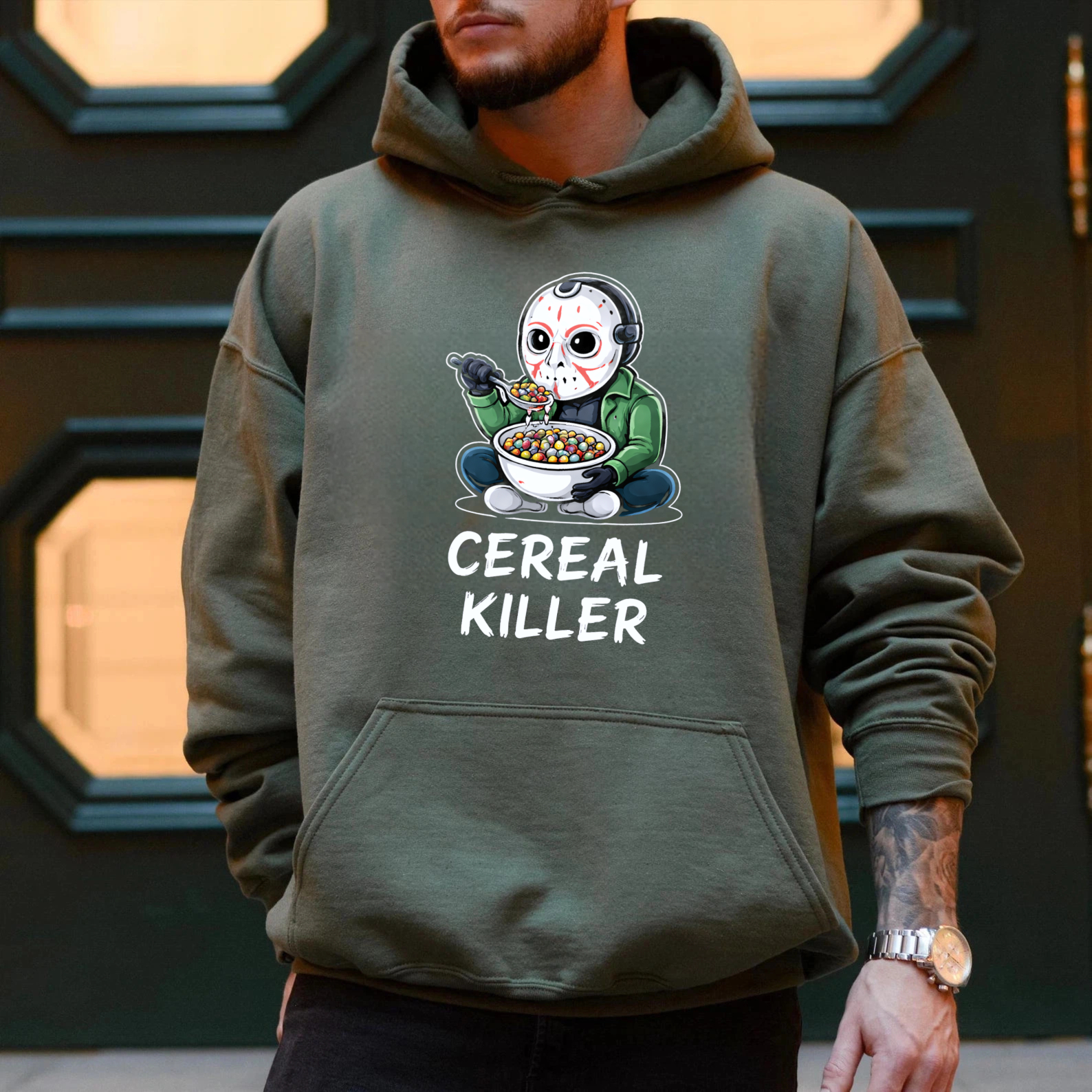 TEECURENT Gildan Cereal Killer Halloween Hoodie With Jason Voorhees Eating Cereal Design Funny Horror Sweatshirt For Men Women Unisex Black Pullover