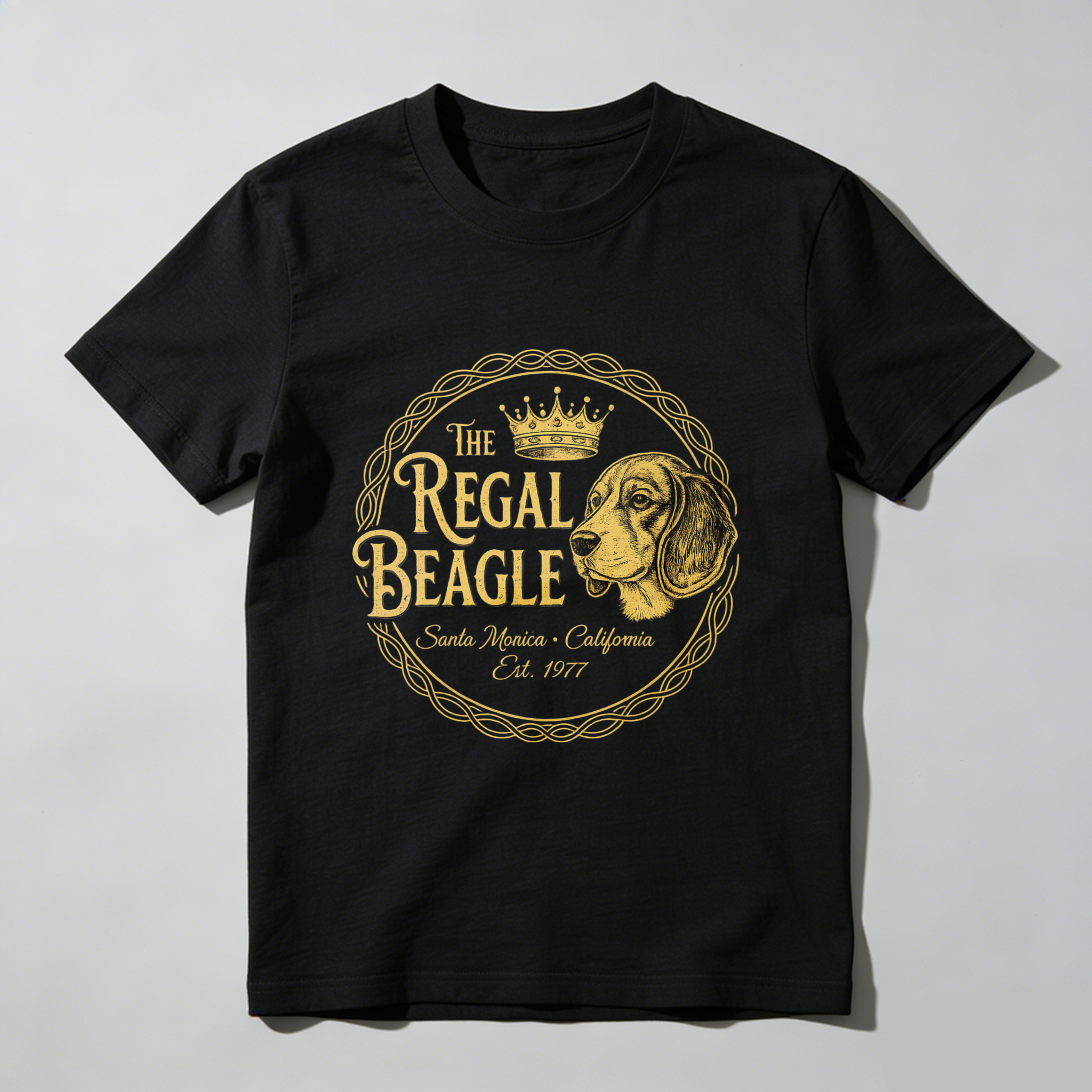 TEECURENT The Regal Beagle Dog T-Shirt Santa Monica California Established 1977 Vintage Canine Graphic Tee Black Gold Design