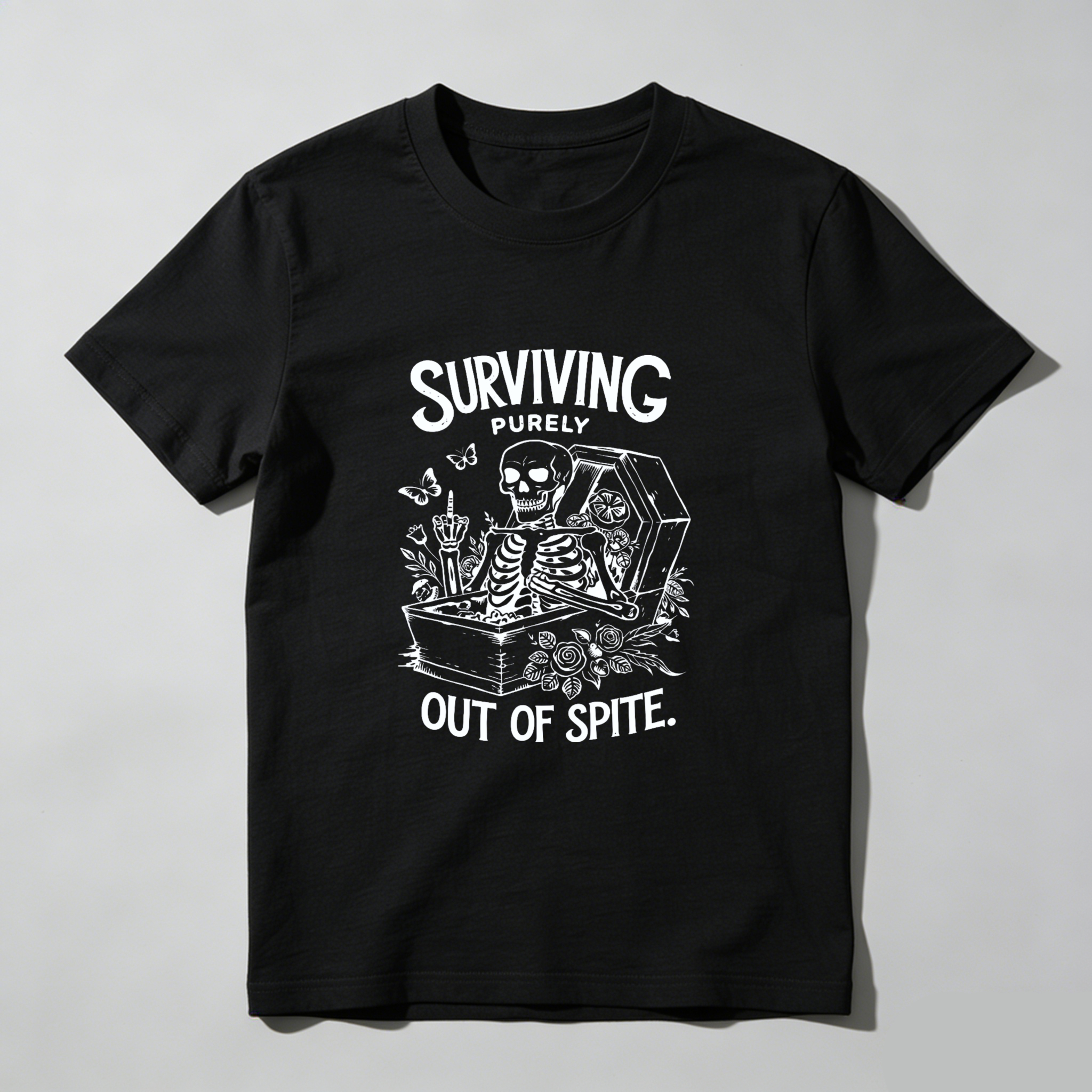 TEECURENT Surviving Purely Out Of Spite Skeleton In Coffin Graphic T-Shirt WOMEN