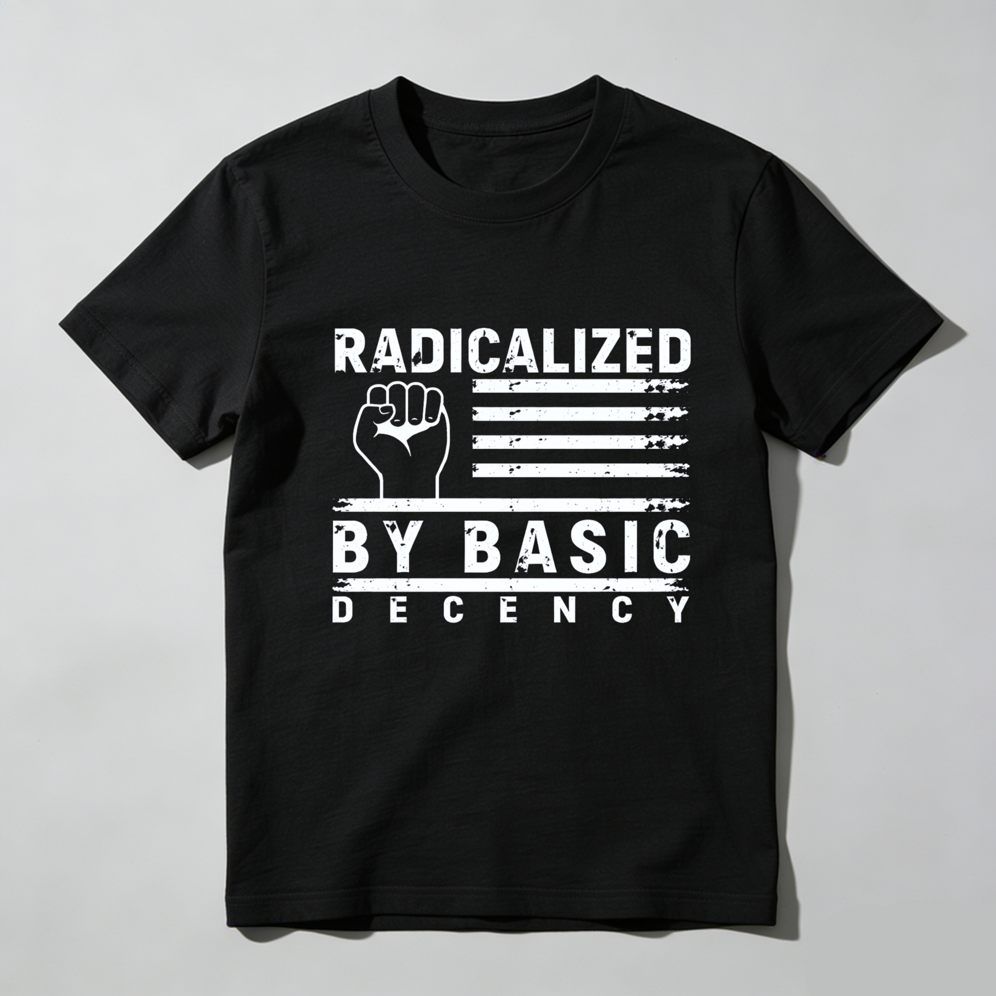 TEECURENTRadicalized By Basic Decency T Shirt With Fist And American Flag Design Black Men Women Unisex Streetwear Graphic Tee-TeeCurent
