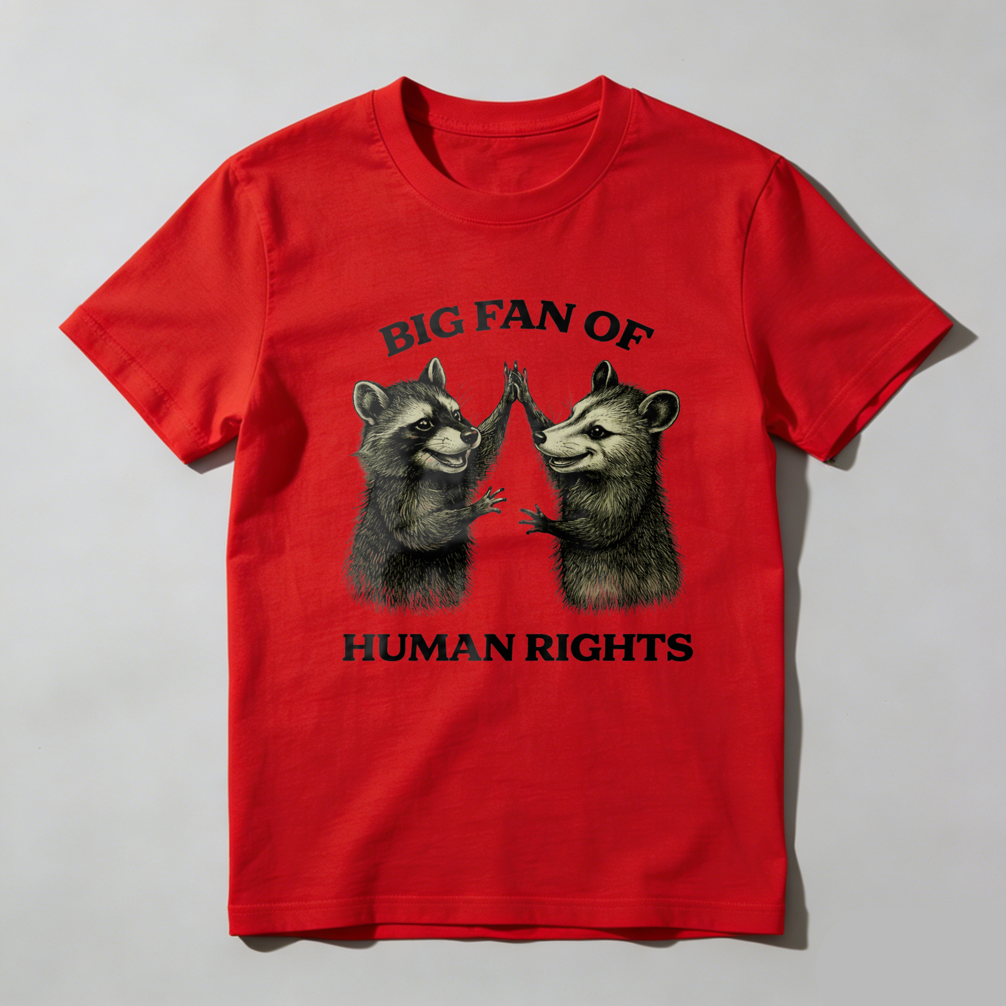 TEECURENTBig Fan Of Human Rights Raccoon Graphic T-Shirt For Men And Women Unisex Design Black Cotton Shirt With Animal Art Print-TeeCurent
