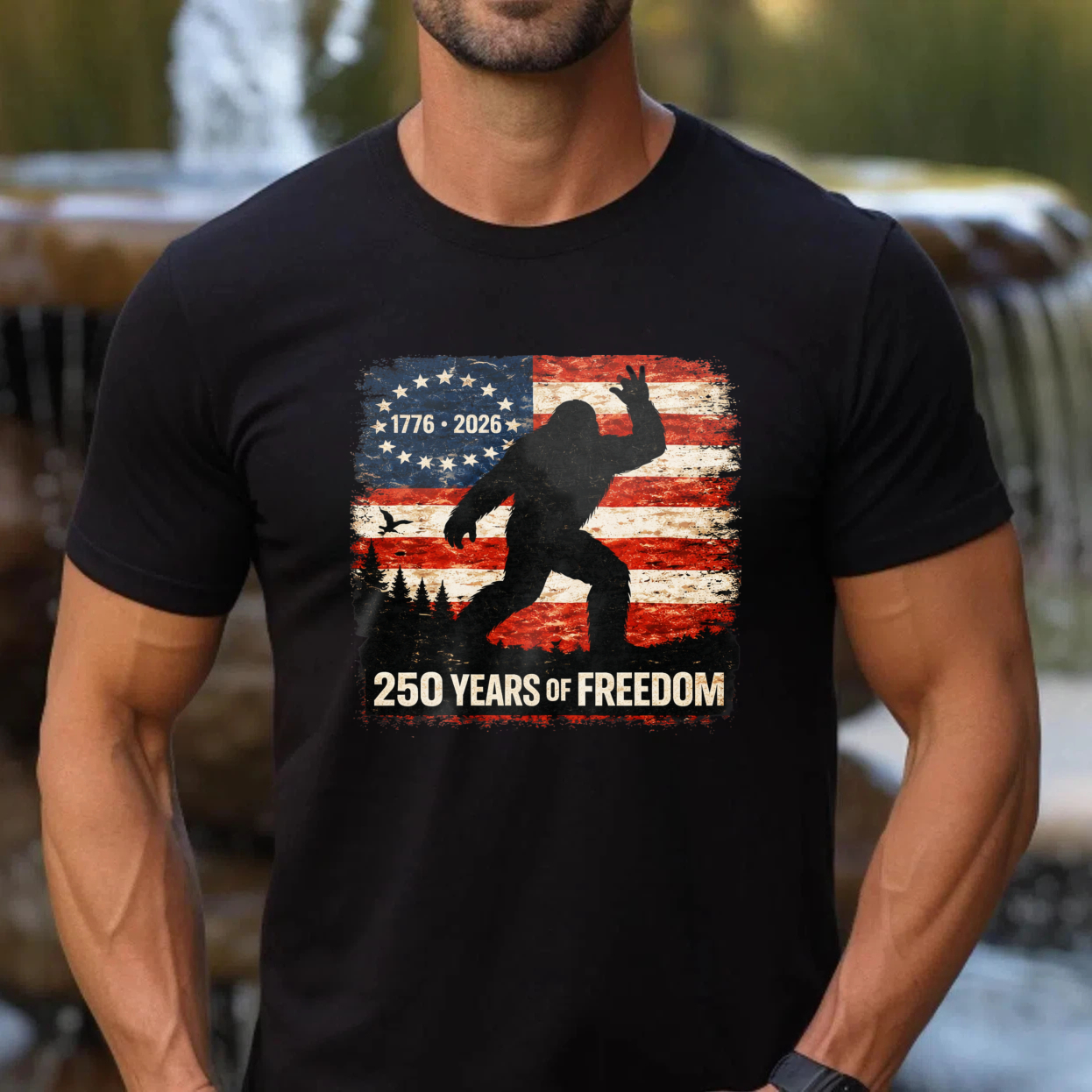 Bigfoot American Flag 1776 2026 250 Years Of Freedom Independence Day T Shirt