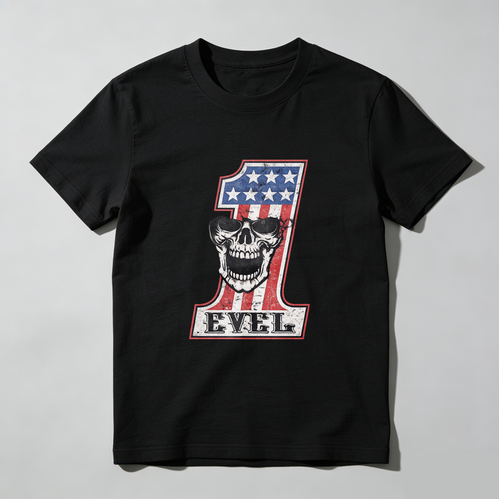 Level One American Flag Skull Design Black T-Shirt Made In Usa