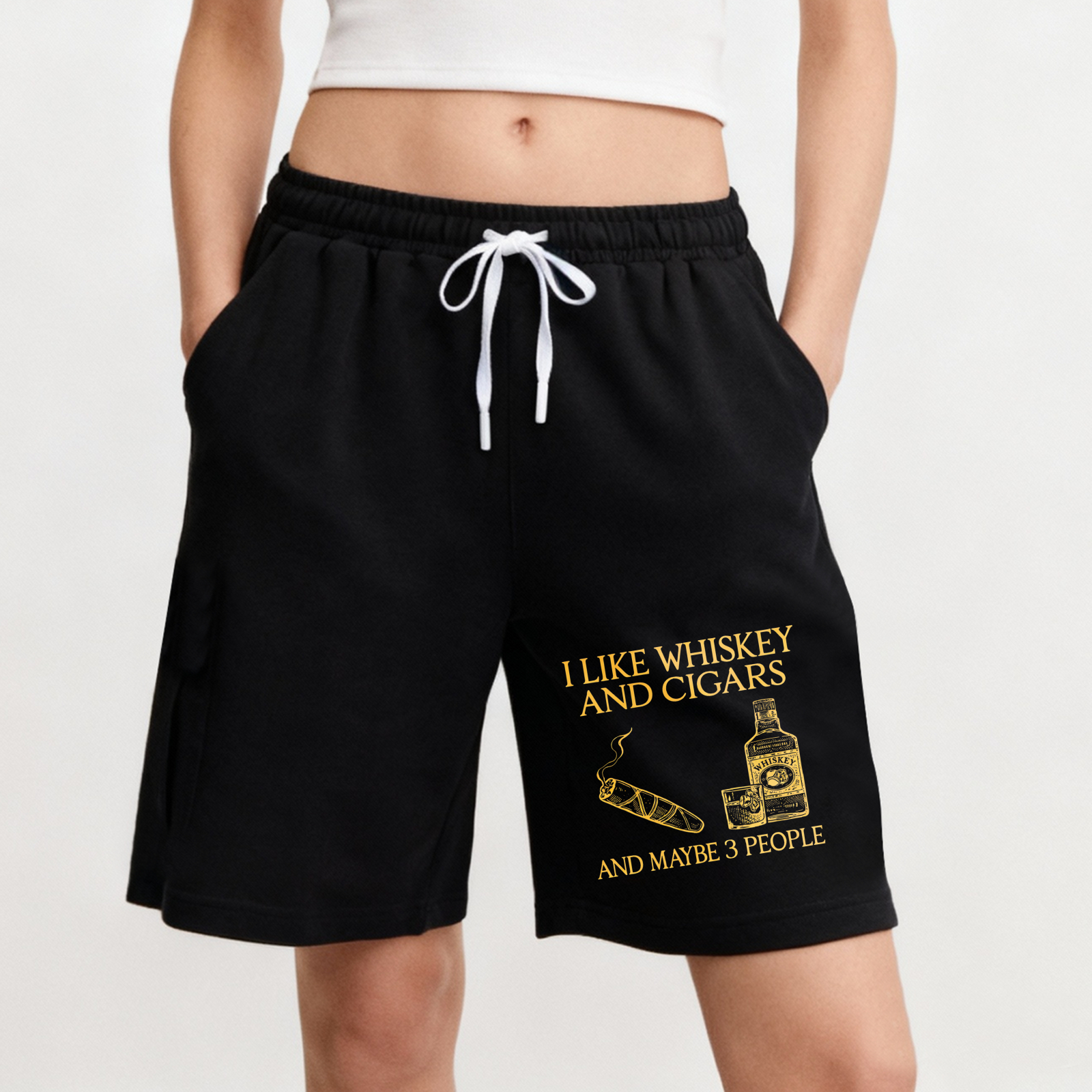 TEECURENT I Like Whiskey And Cigars And Maybe 3 People Men's Black Shorts With Drawstring Comfortable Casual Wear