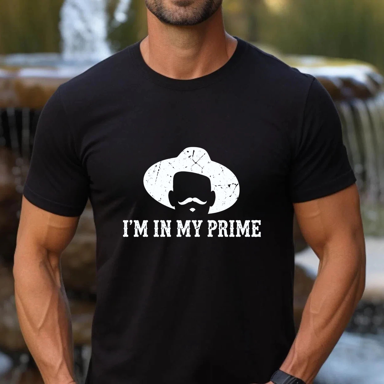 TEECURENTI Am In My Prime Cowboy Hat Mustache T-Shirt Men Women Unisex Black Graphic Tee Funny Humor Shirt-TeeCurent