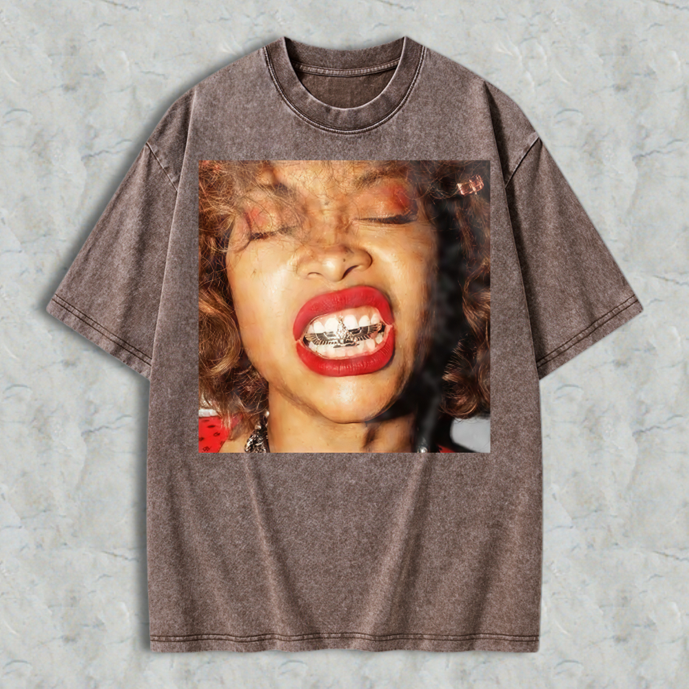 Woman With Red Lipstick And Braces Unisex Washed T-shirt