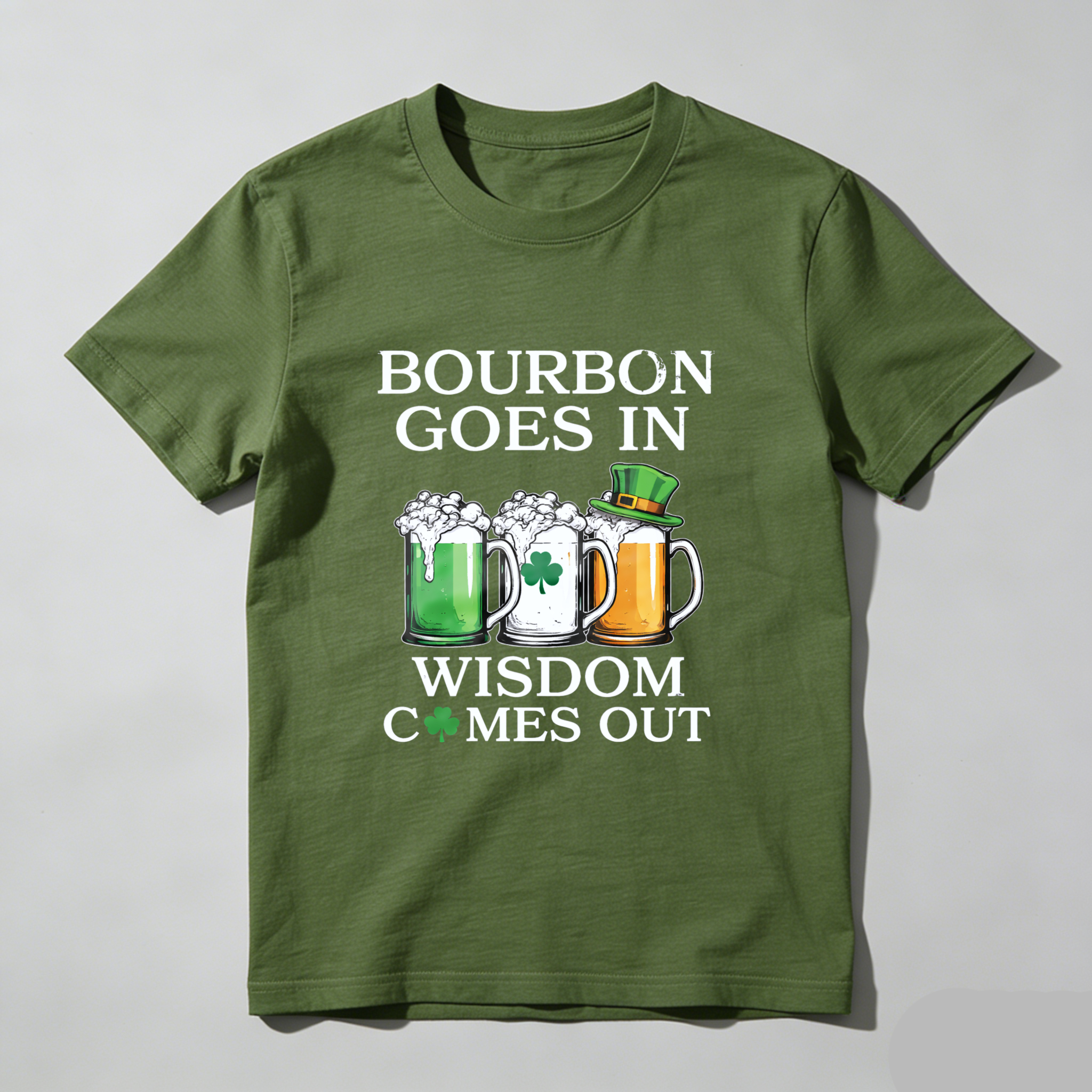 TEECURENT Bourbon Goes In Wisdom Comes Out St Patrick's Day Beer Shirt With Shamrock And Mug Design For Men Women Unisex T-Shirt
