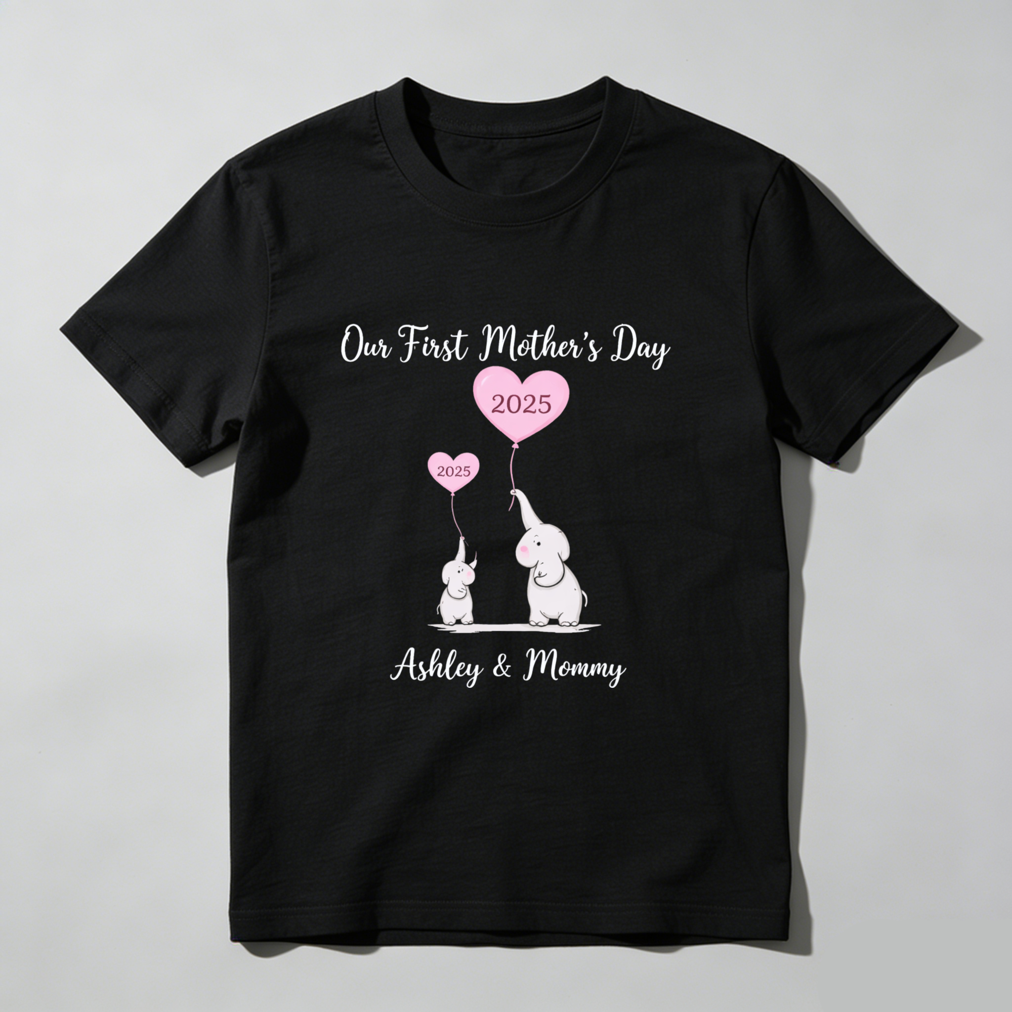 TEECURENT Our First Mothers Day 2025 Elephant Mom And Baby Shirt Ashley And Mommy Custom Motherhood Gift T-Shirt WOMEN