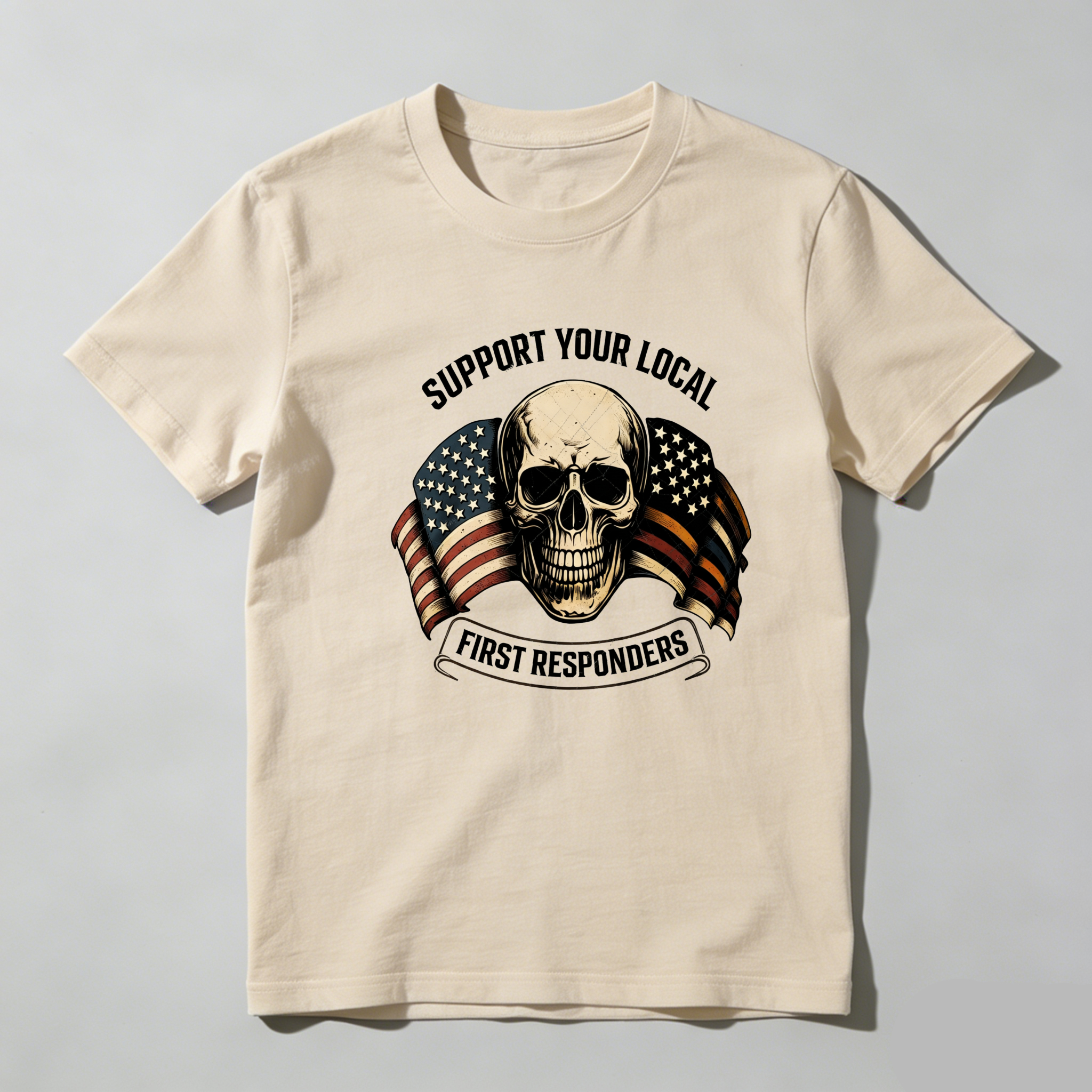TEECURENT Support Local First Responders Skull Flag Pure Cotton Short Sleeve T Shirt-TeeCurent