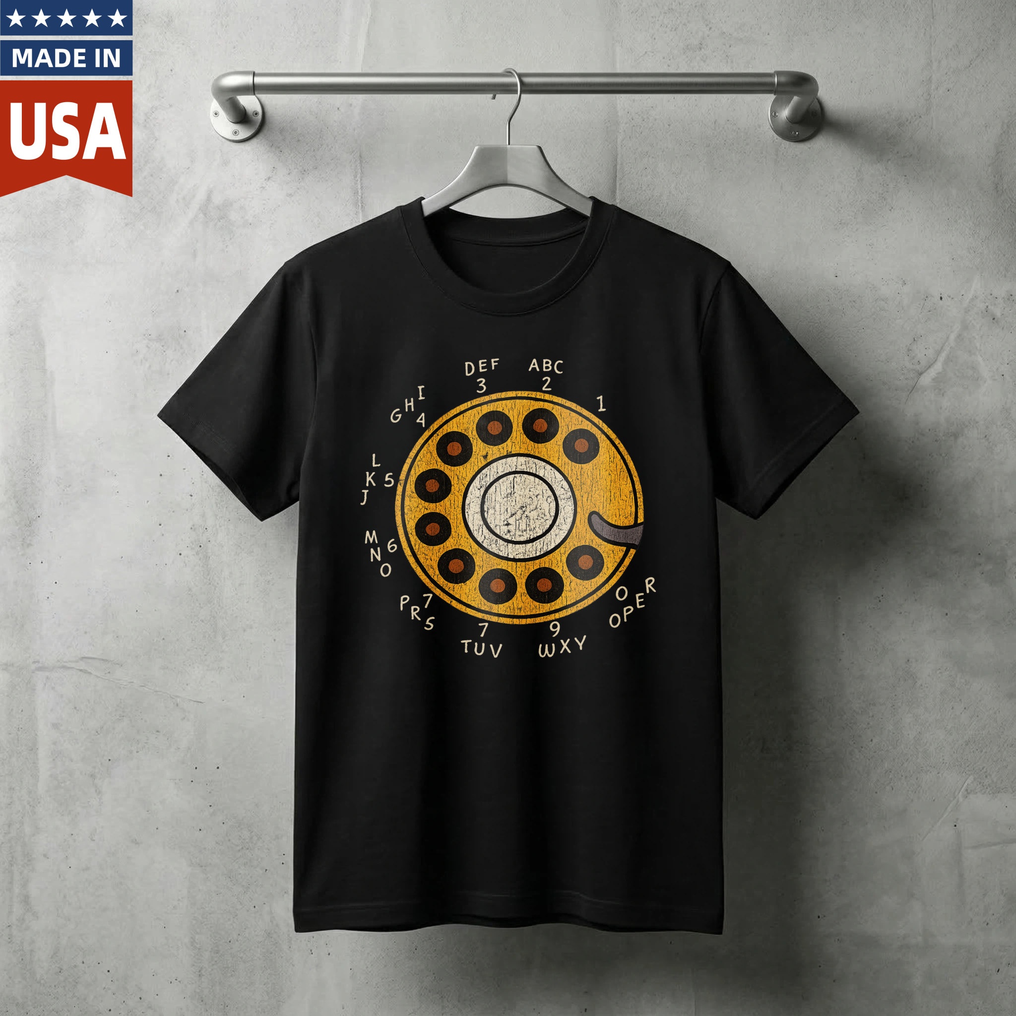 Vintage Rotary Dial Phone T-Shirt Made In Usa Retro Telephone Design Black Cotton Shirt Unisex Classic Style Gift For Tech Enthusiasts
