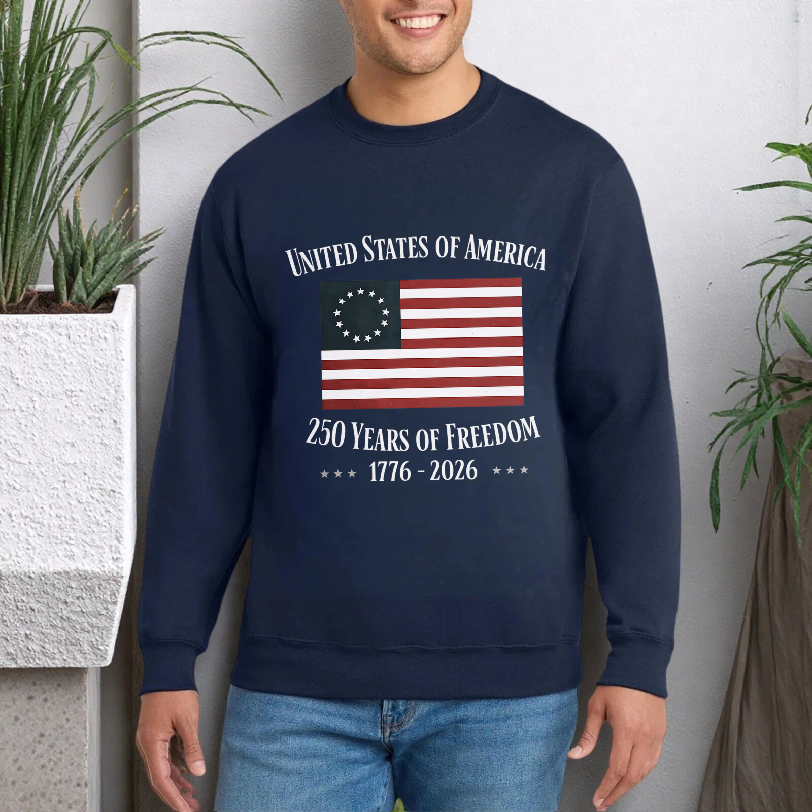 United States Of America 250 Years Of Freedom 1776 2026 Flag Sweatshirt Black Crewneck Pullover Long Sleeve Unisex Adult Apparel