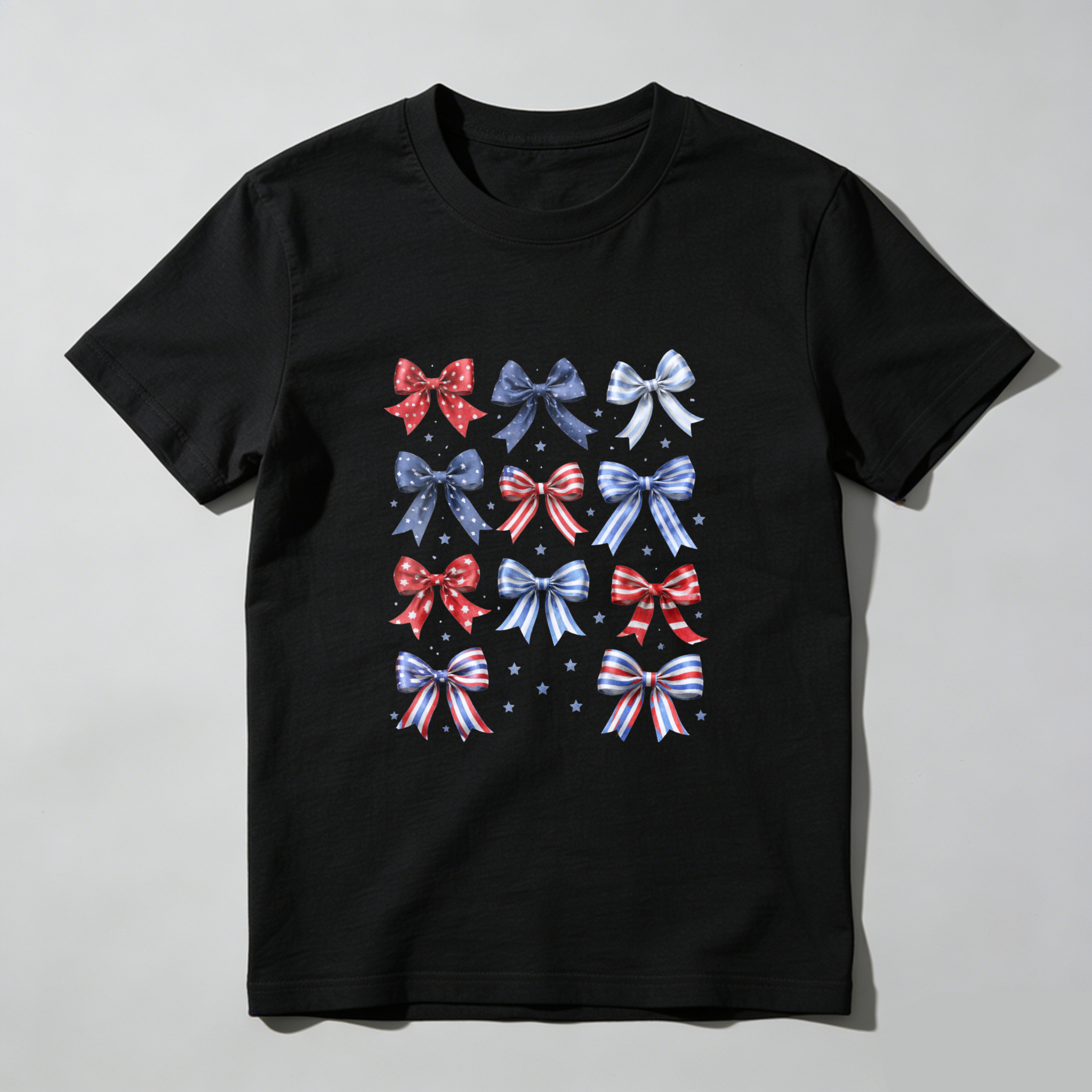 TEECURENT Patriotic Bow Pattern T-Shirt Red White And Blue Stars Design American Flag Inspired Casual Top WOMEN