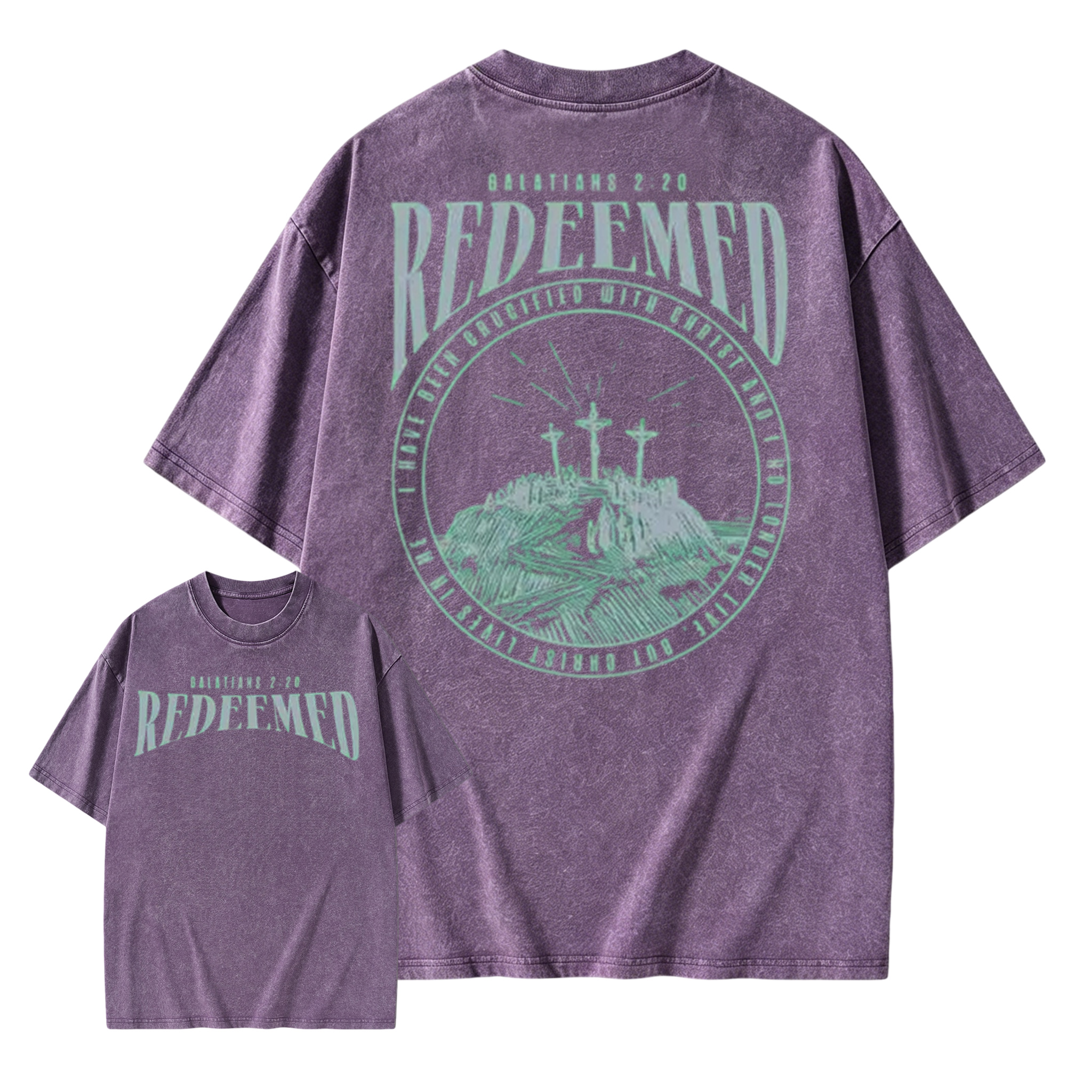 Washed Short Sleeved Double-Sided Printed T-Shirt, 100% Pure Cotton, Printed With "Redemption Christianity". Retro Hip-Hop Style