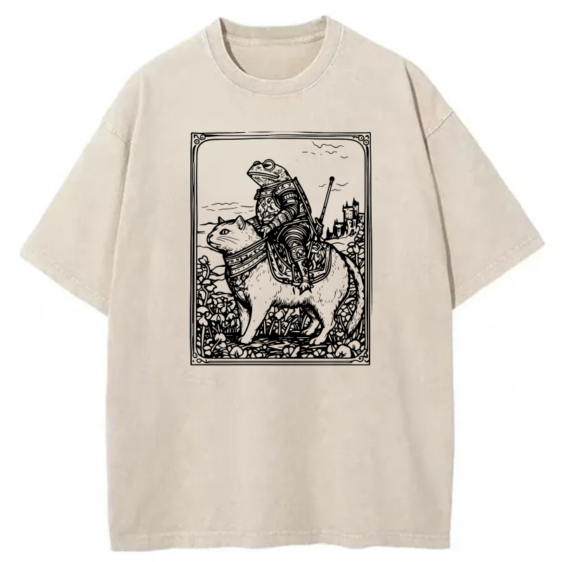 Knight Riding Cat With Castle Background tshirt 100% cotton