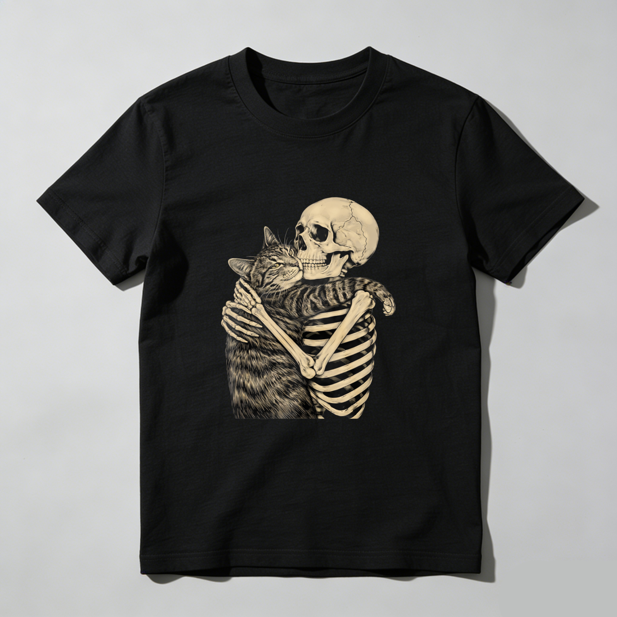 TEECURENT Skeleton Hugging Cat Graphic T Shirt Black Unisex Design Artistic Print Casual Wear