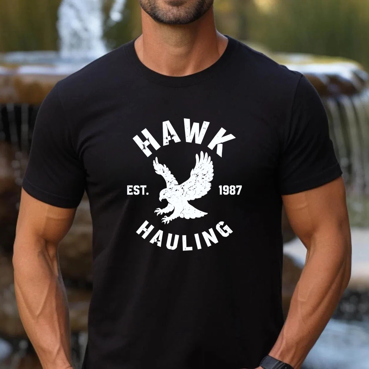 Hawk Hauling Est 1987 Eagle Logo T Shirt Black Cotton Men's Casual Graphic Tee