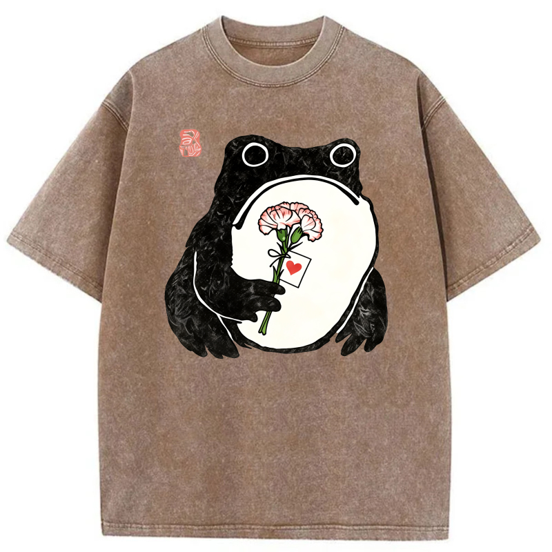 Frog Holding Flower With Heart Tag tshirt 100% cotton