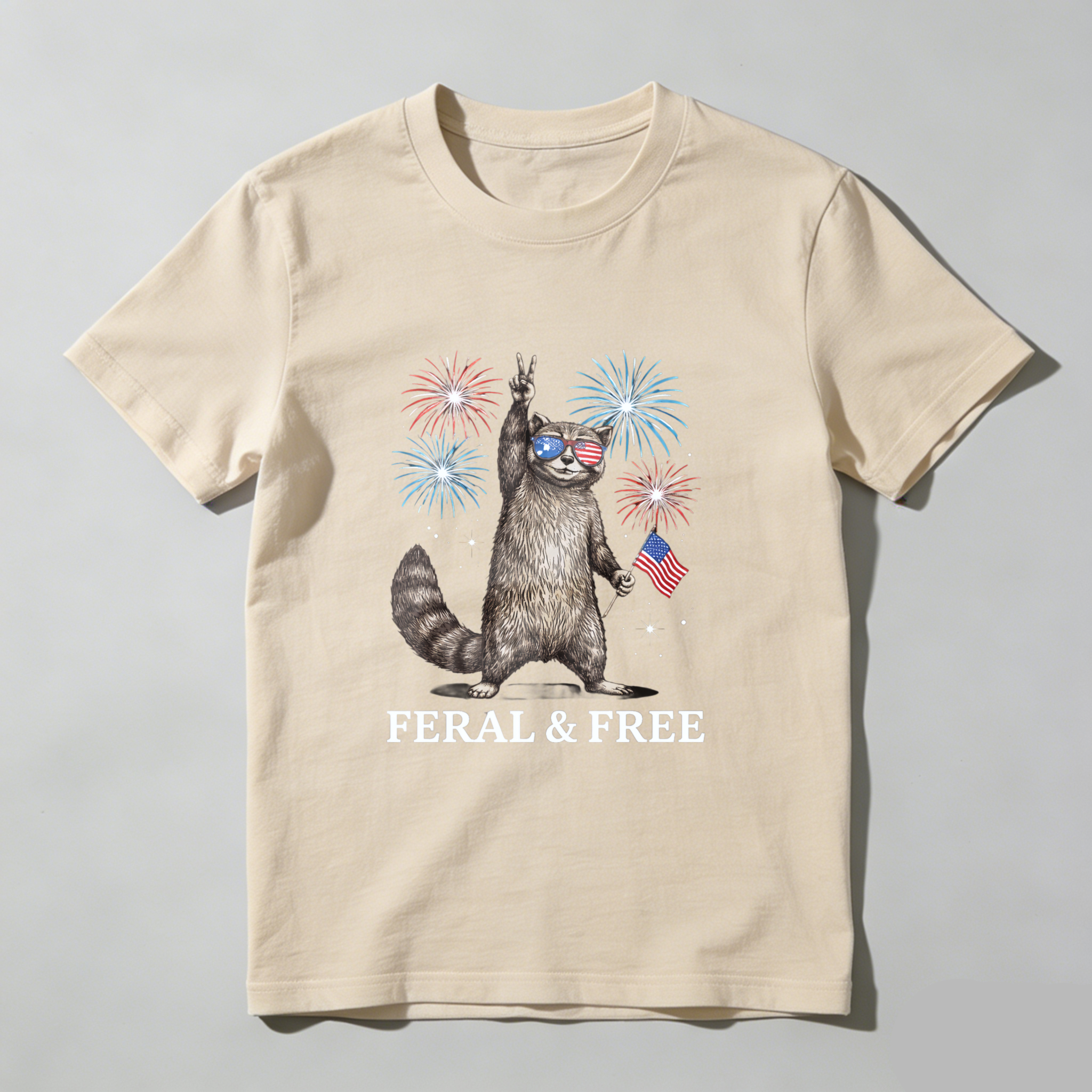 TEECURENT Feral And Free Cat With American Flag And Fireworks T Shirt WOMEN