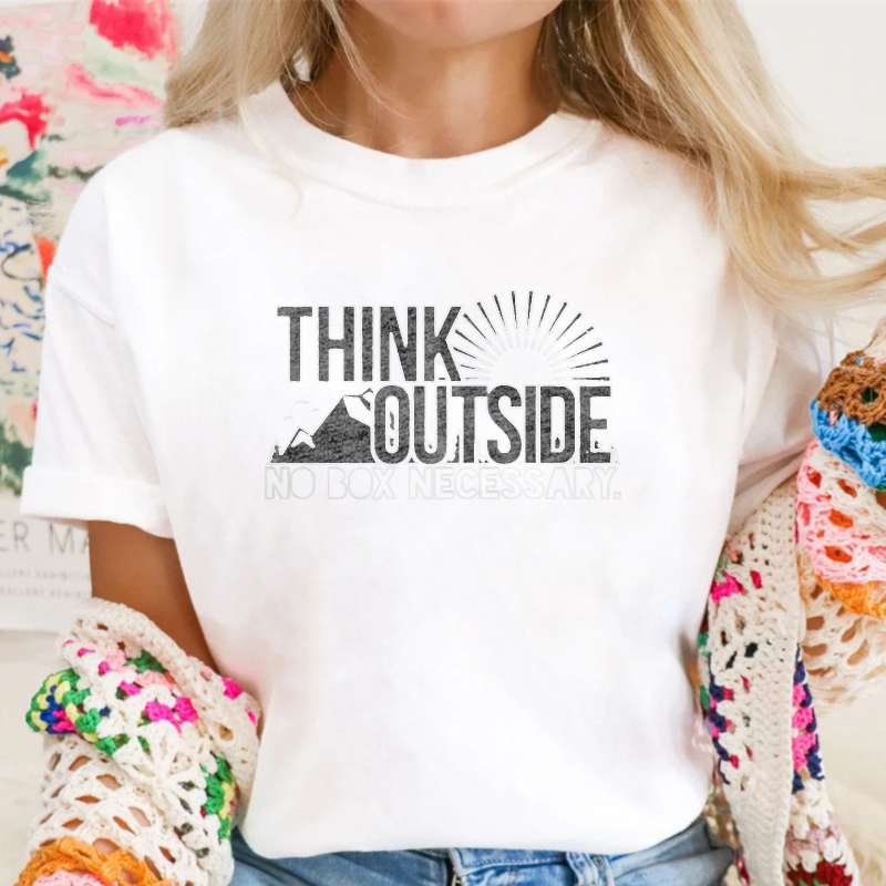 Think Outside No Box Necessary Mountain Sunburst Design T-shirt