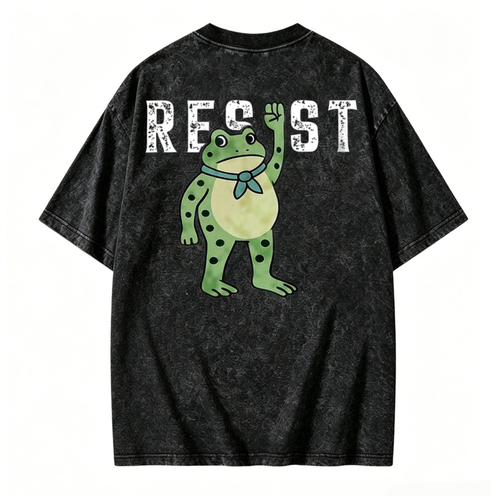 Cute Frog Raising Hand With Resist Text Graphic Washed T-shirt