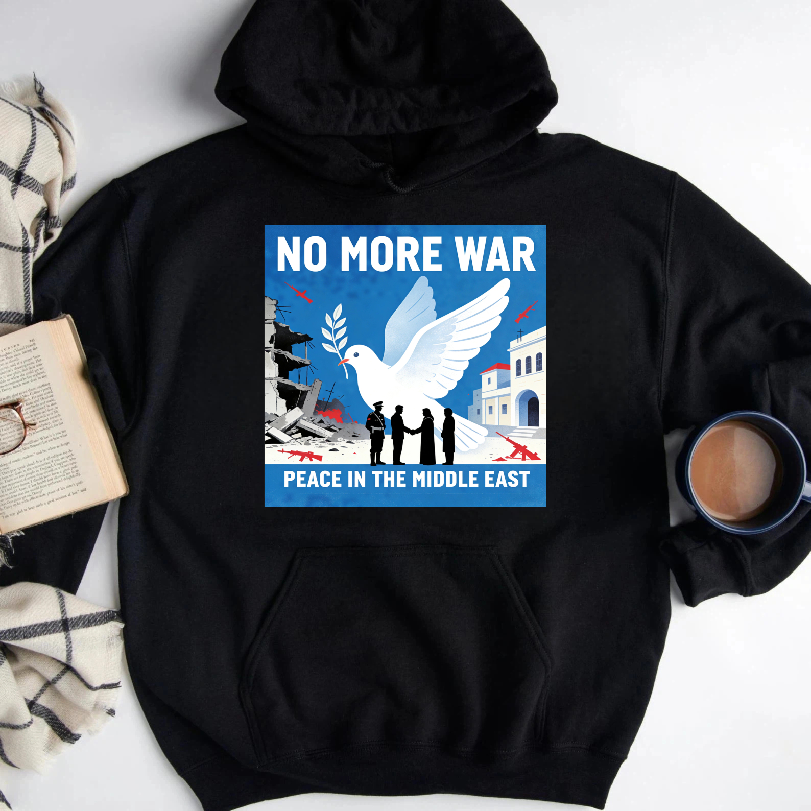 TEECURENT No More War Peace In The Middle East Hoodie With Dove And Olive Branch Design For Peace Advocates