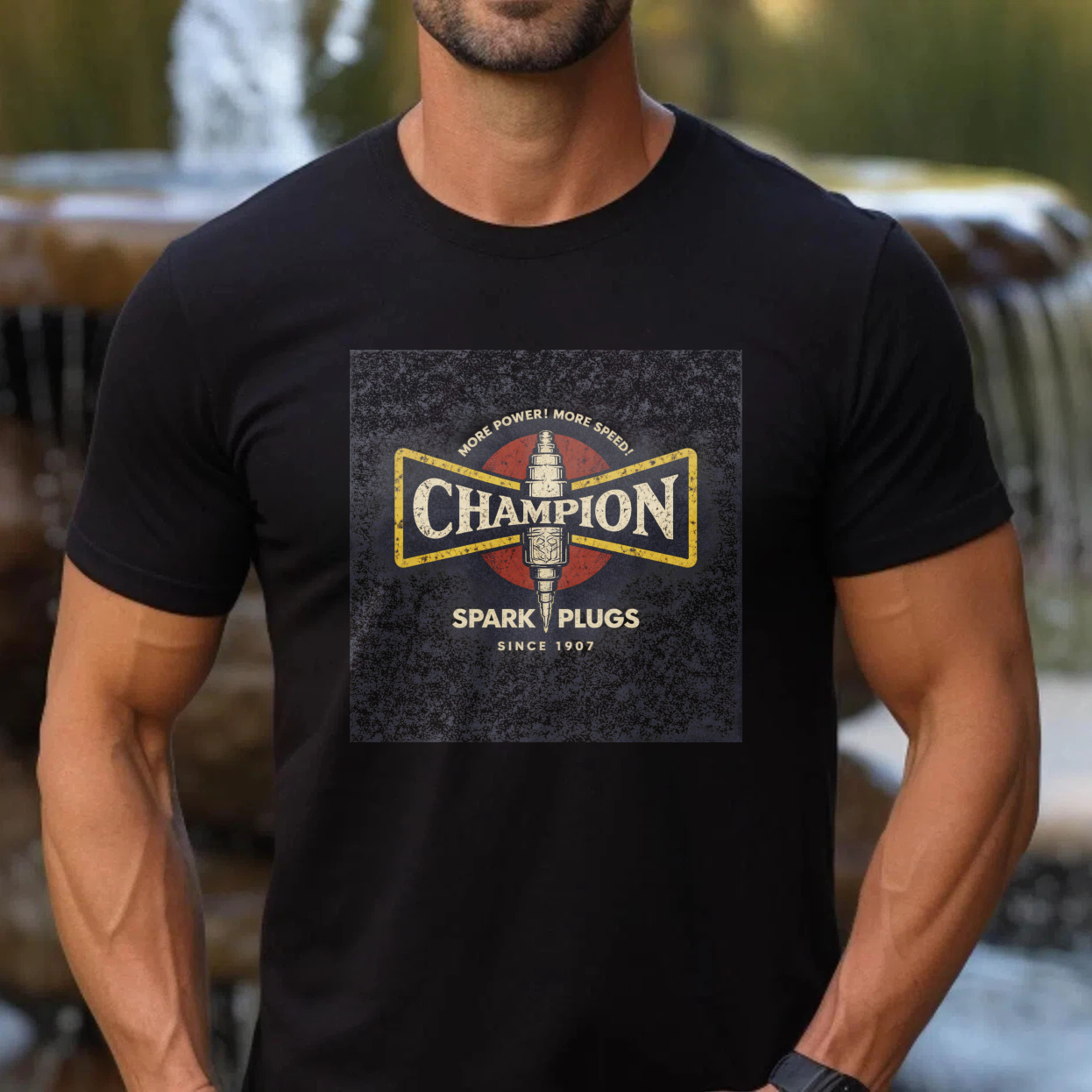 Champion Spark Plugs Vintage Logo T-Shirt Classic Black Men's Casual Wear Automotive Enthusiast Gift