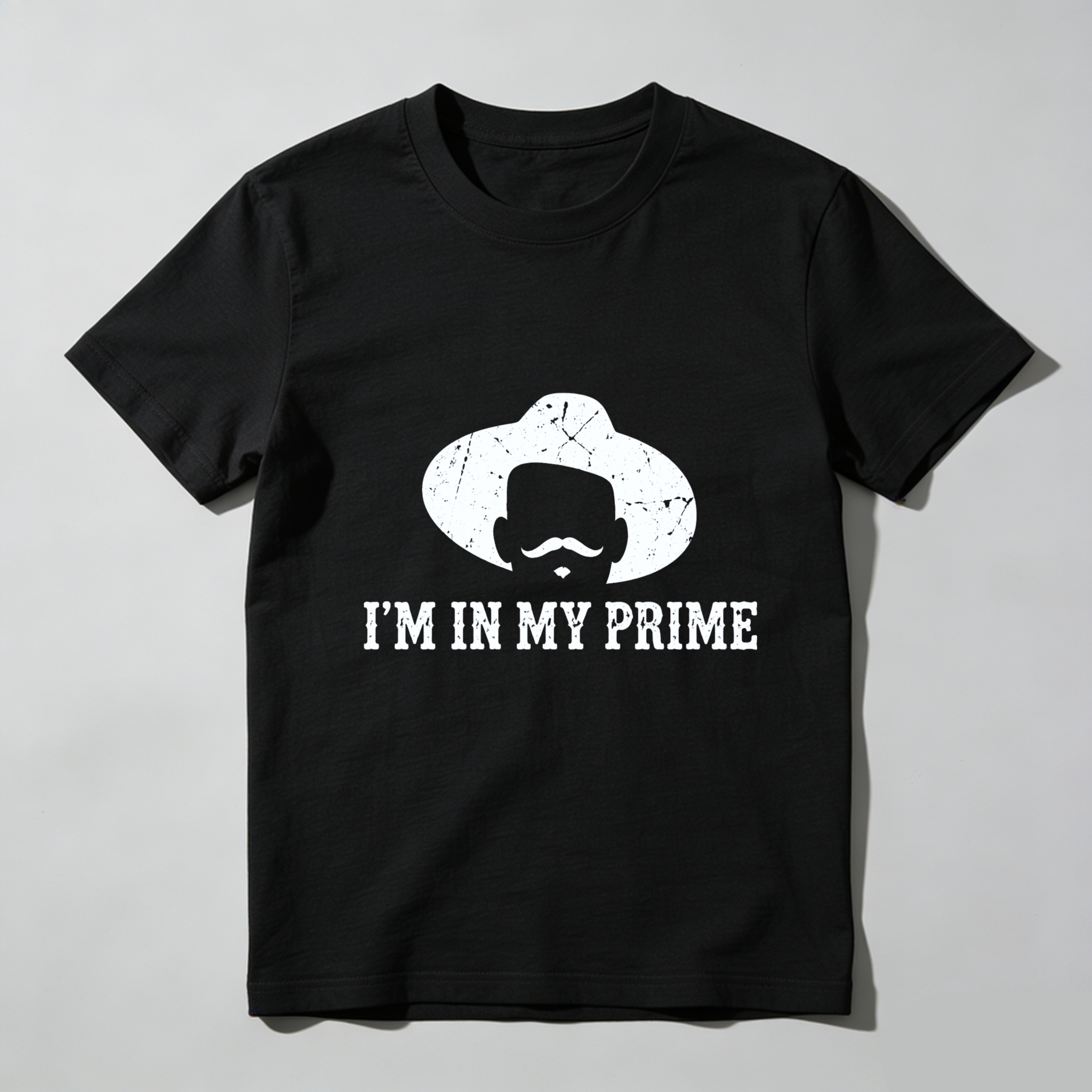 TEECURENTI Am In My Prime Cowboy Hat Mustache T-Shirt Men Women Unisex Black Graphic Tee Funny Humor Shirt-TeeCurent