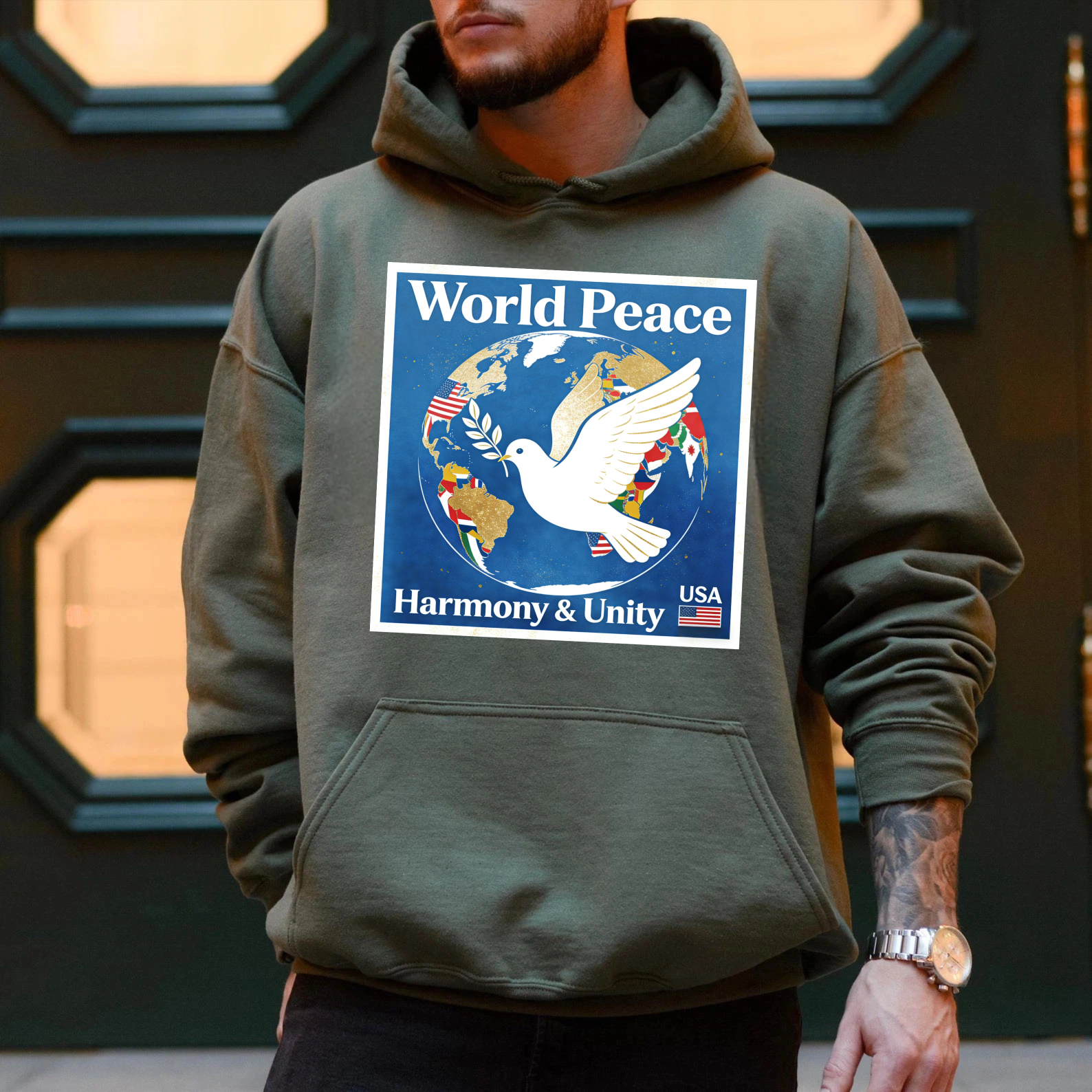 TEECURENT World Peace Harmony And Unity Usa Hoodie Global Dove Design Black Sweatshirt For Men Women Unisex Casual Wear