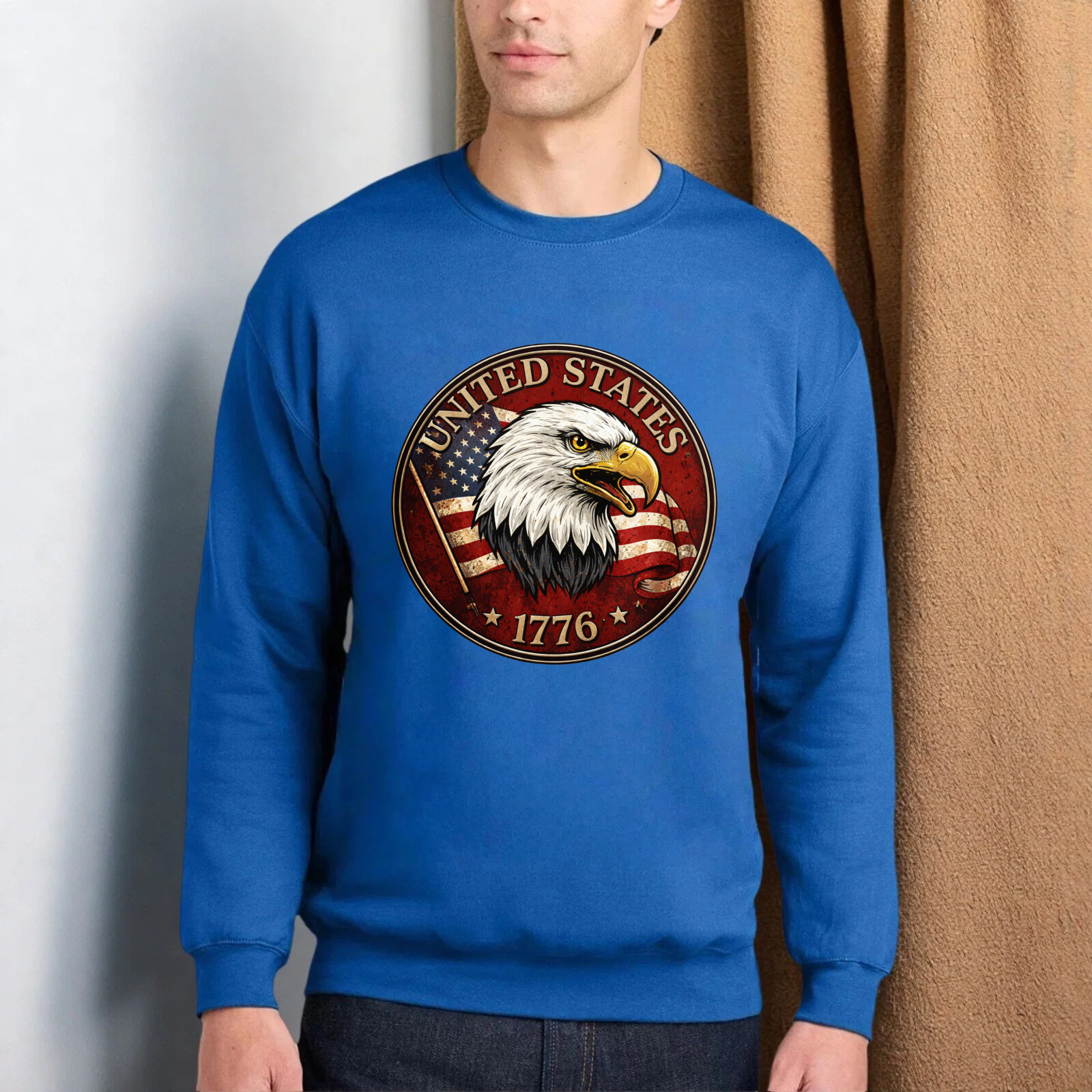 United States Eagle American Flag 1776 Sweatshirt Patriotic Crewneck Pullover Black