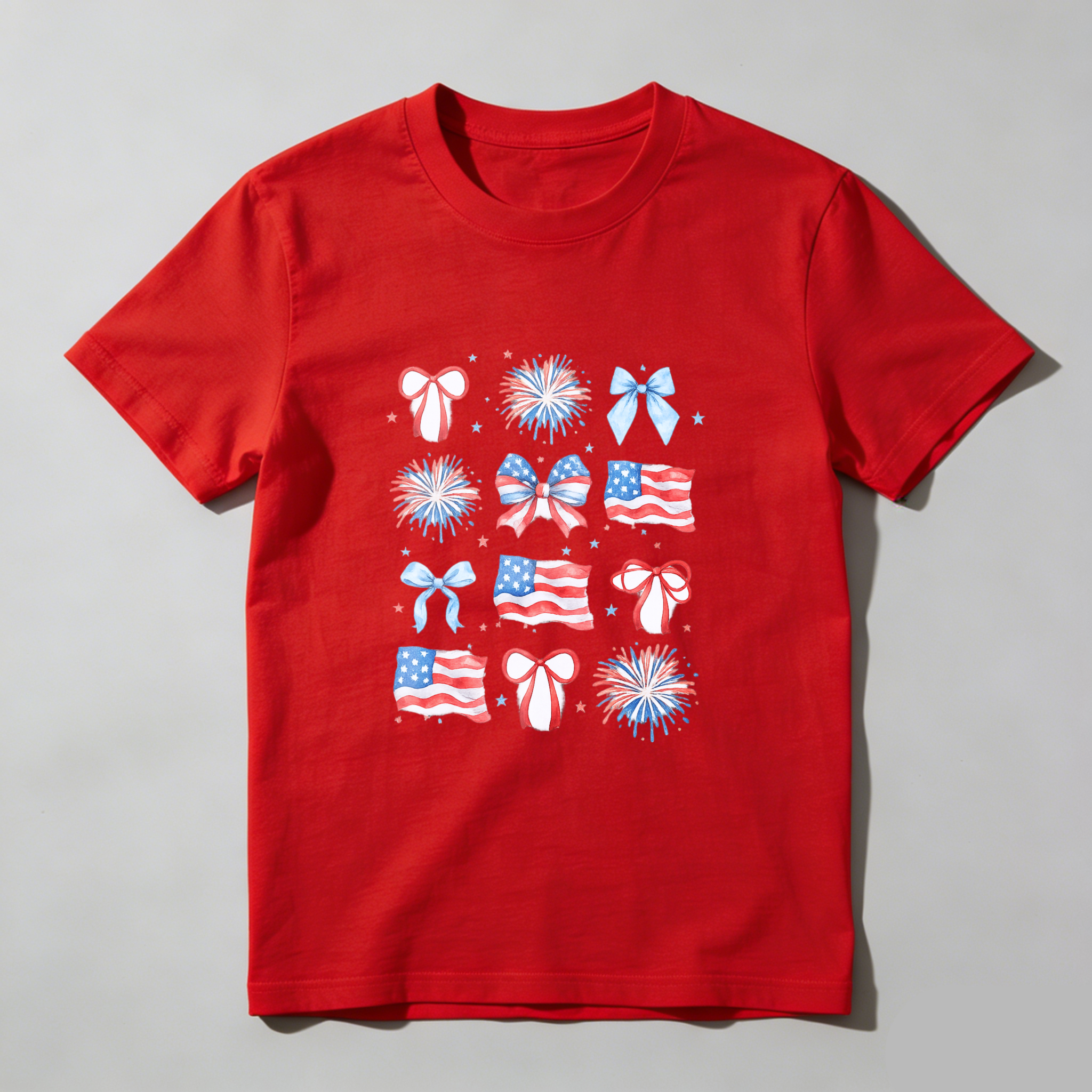 TEECURENT Patriotic American Flag Fireworks Bows And Stars Fourth Of July Independence Day Celebration T Shirt WOMEN