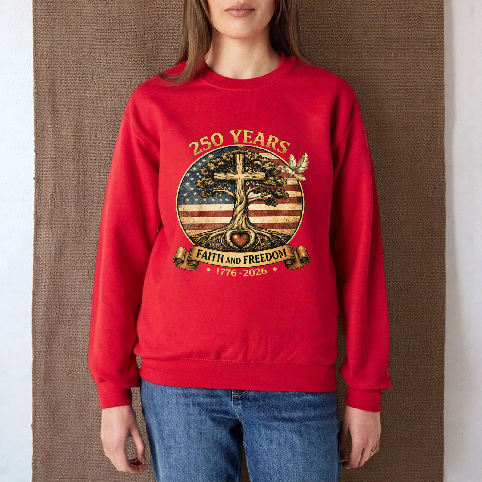 250 Years Faith And Freedom 1776 2026 American Flag Cross Tree Sweatshirt