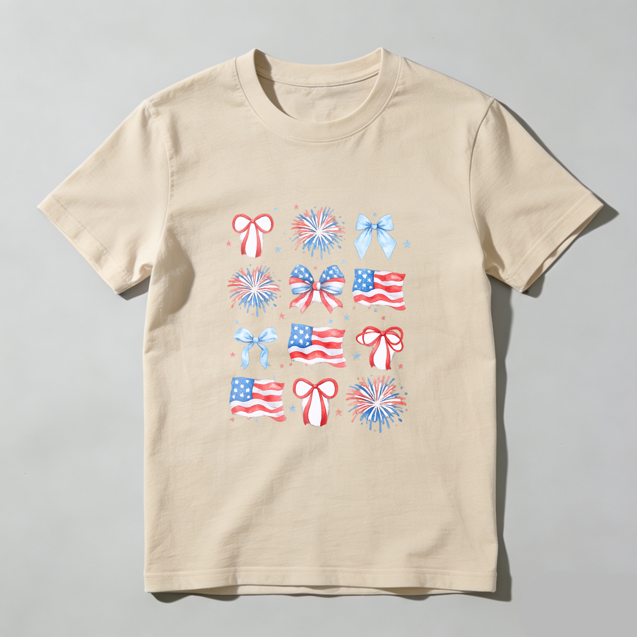 TEECURENT Patriotic American Flag Fireworks Bows And Stars Fourth Of July Independence Day Celebration T Shirt WOMEN