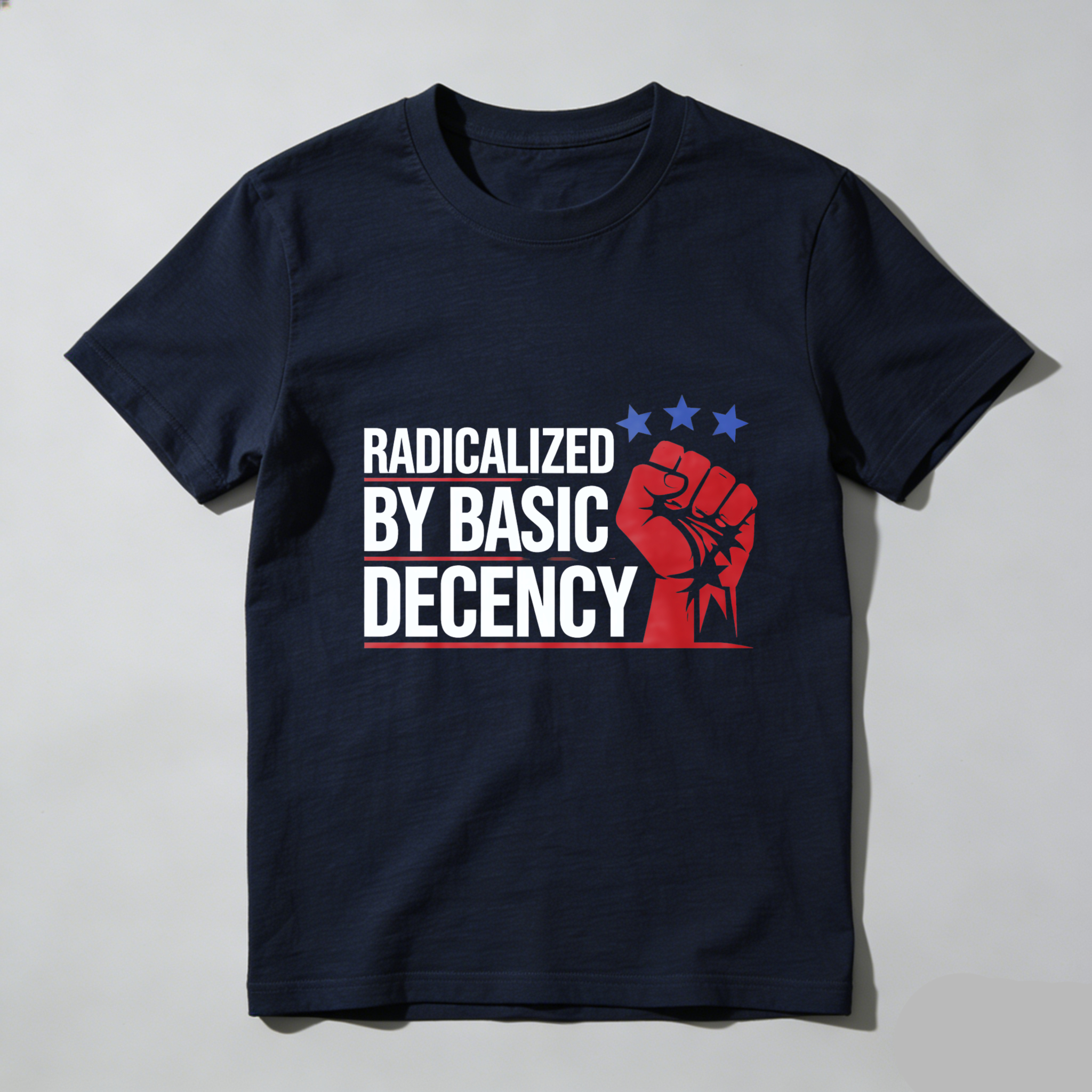TEECURENTRadicalized By Basic Decency T Shirt With Fist Graphic And Stars Design For Men And Women-TeeCurent