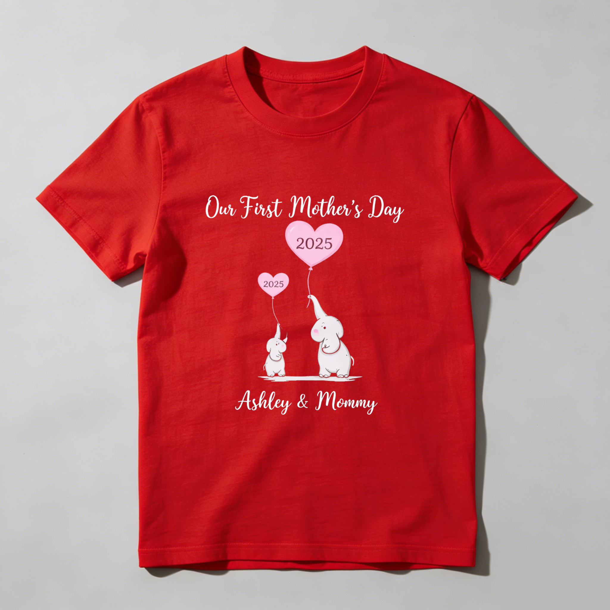 TEECURENT Our First Mothers Day 2025 Elephant Mom And Baby Shirt Ashley And Mommy Custom Motherhood Gift T-Shirt WOMEN