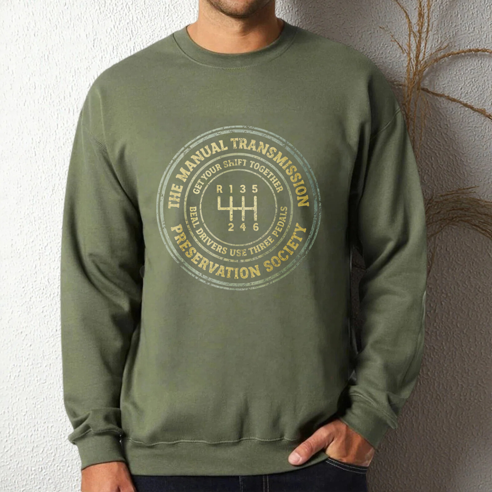 TEECURENT Manual Transmission Preservation Society Sweatshirt Black Crewneck Graphic Pullover For Car Enthusiasts With Gear Shift Design