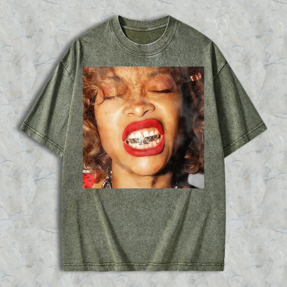 Woman With Red Lipstick And Braces Unisex Washed T-shirt