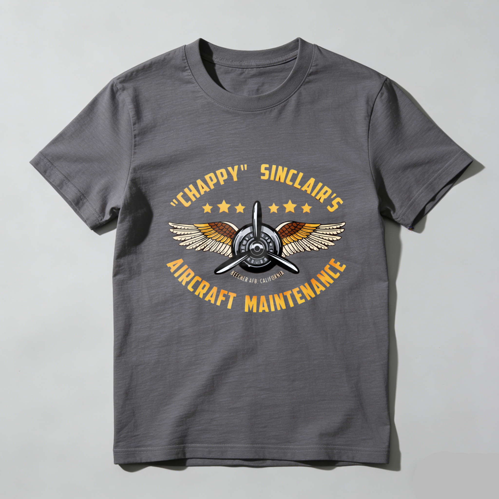 Chappy Sinclairs Aircraft Maintenance T Shirt Black Vintage Aviator Design With Wings And Propeller Logo For Aviation Enthusiasts