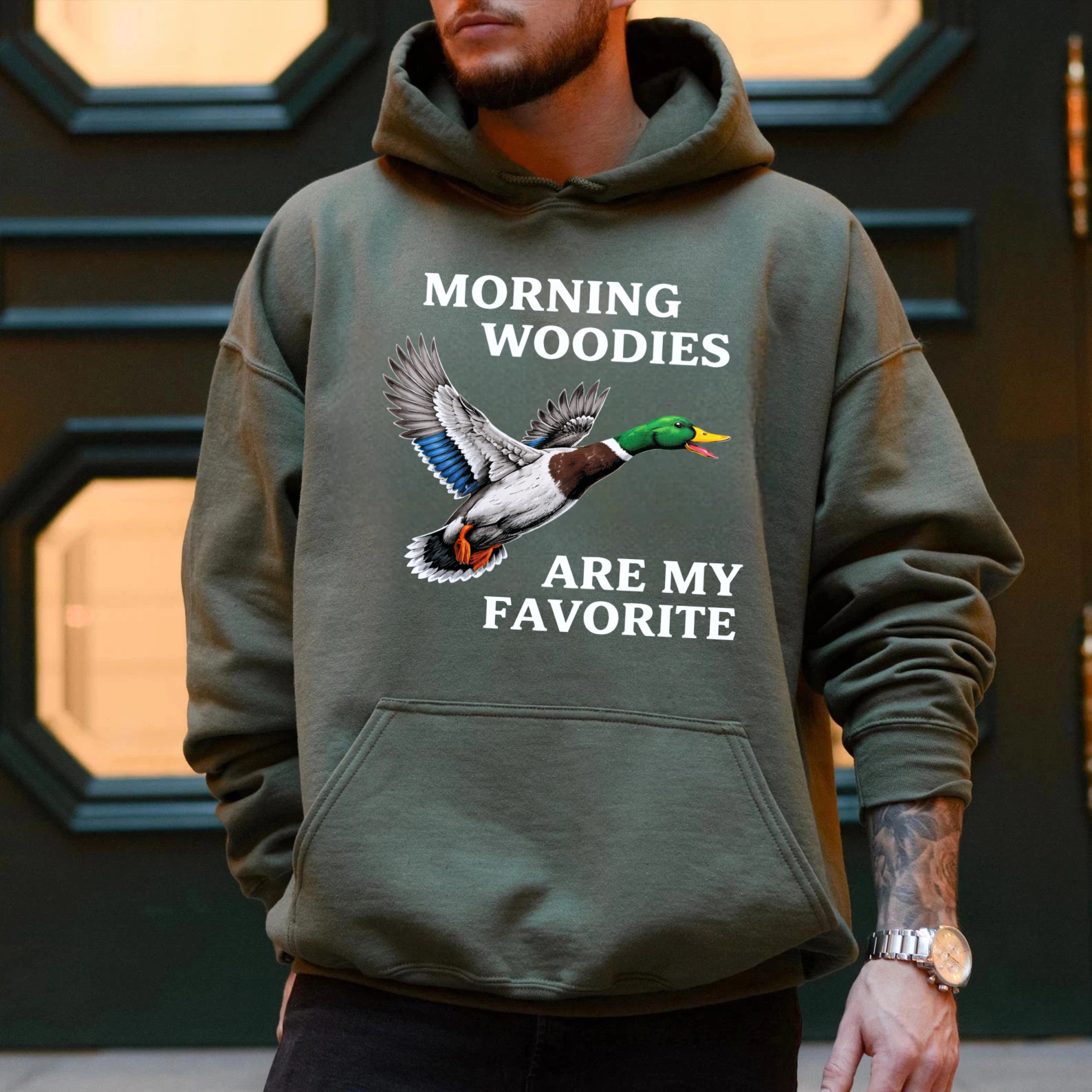 TEECURENT Gildan Morning Woodies Are My Favorite Duck Hunting Hoodie For Men And Women Outdoor Apparel With Funny Slogan And Bird Graphic Design