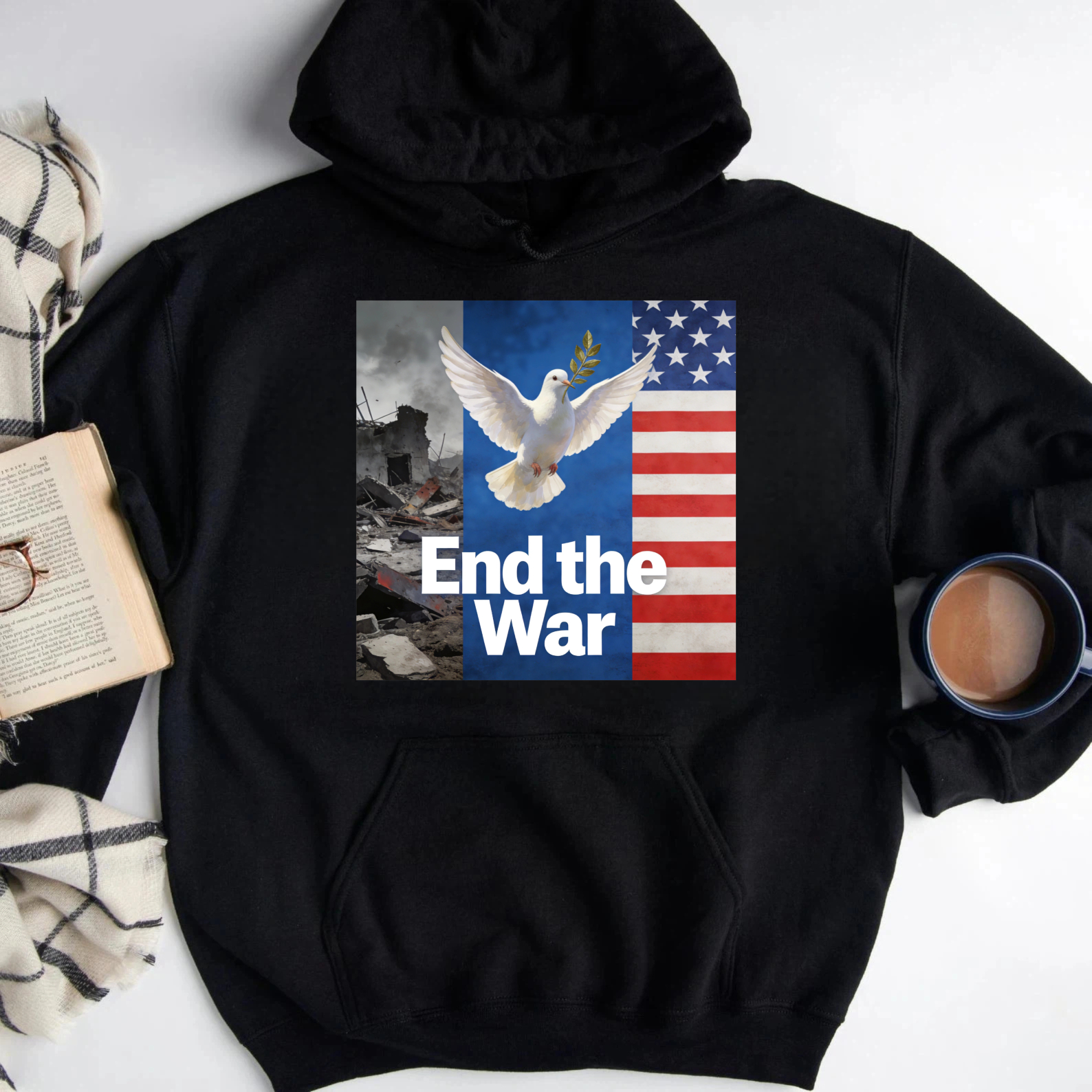 TEECURENT End The War Peace Dove American Flag Hoodie Anti War Message Sweatshirt For Men And Women